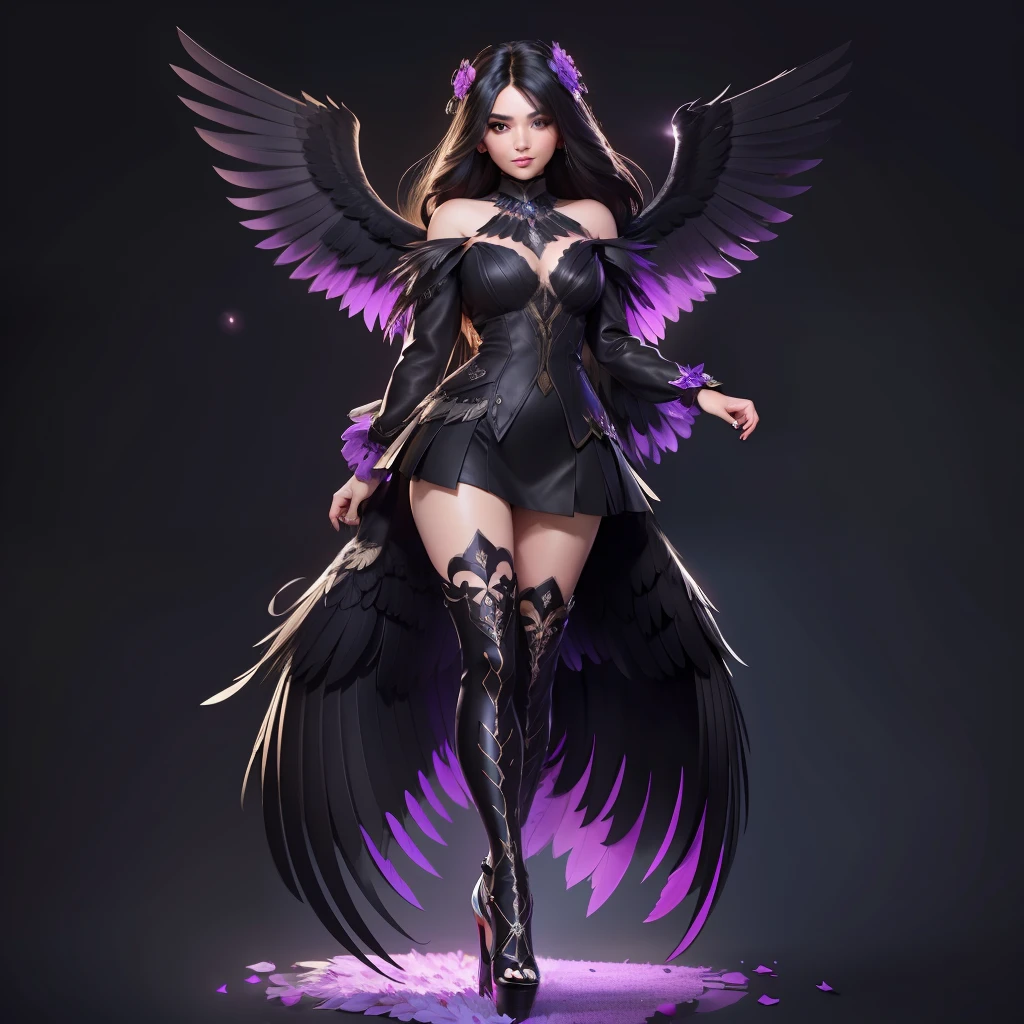 A beautiful girl, dressed like a raven, with raven wings, long hair, black Raven flowers around her, pretty face, full body pictures, high quality pictures, wearing a high heel, cute face, proper face, sparkling face, sparkling eyes, sparkling lips, with a face