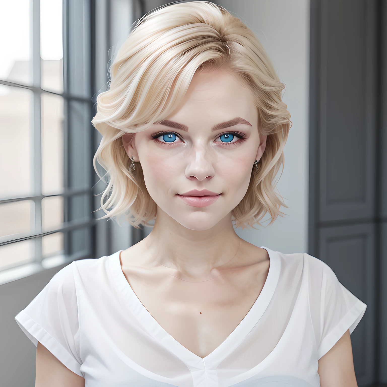 Blonde woman in a white shirt, A, Portrait soft shot, HDR, UHD, 64K, Russian bride, A girl with blonde hair, blue eyes She has a cute face, Perfect face, (top down light), (low-key light) professional photography