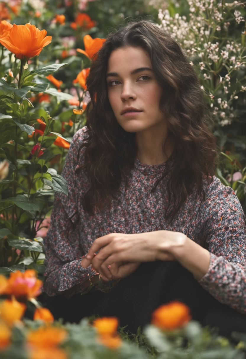 17-year-old girl with dark black eyes and black hair, en crop top on vois tout son corp dans un jardin avec des fleurs