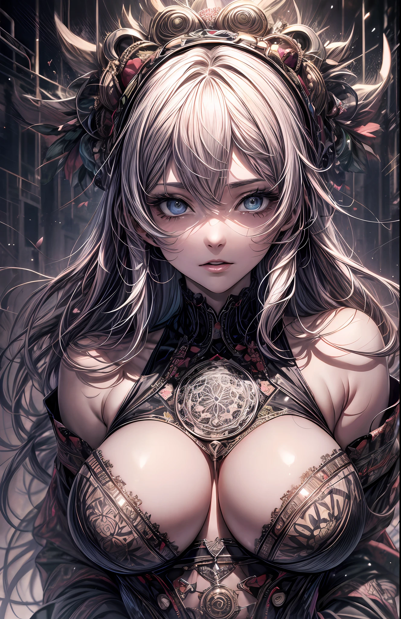 Official art, Unity 8k壁纸, ultra-detailliert, Beautiful and aesthetic, masutepiece, Best Quality, (Zentangle, mandalas, Tangle, Entangle), (Fractal Art:1.3) , 1girl in, Big Breast, Extremely detailed, Dynamic Angle, cowboyshot, Most Beautiful Form of Chaos, Elegant, a brutalist designed, vivd colour, romanticism, Atmospheric, ecstasy of musical notes, streaming musical notes visible