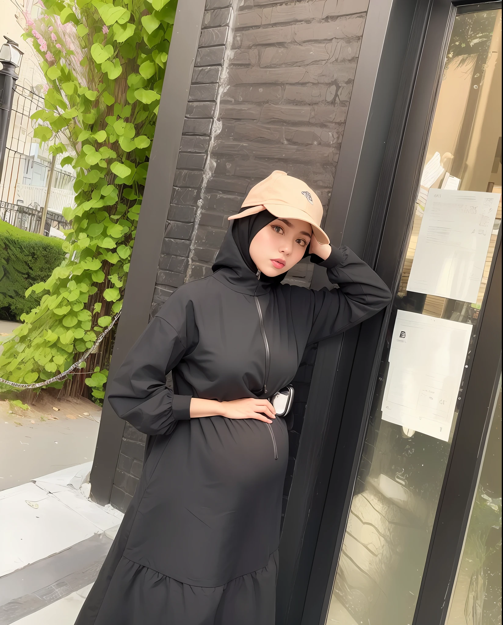 pregnant woman in black dress and hat leaning against a door, wearing black old dress and hat, wearing black dress and hat, hijab, she is wearing streetwear, wearing japanese techwear, wearing a fisher, actress, wearing black modern clothes, instagram post, with hat, woman in streetwear, black oversized clothes, profile shot, h 7 0 4, with big boobs