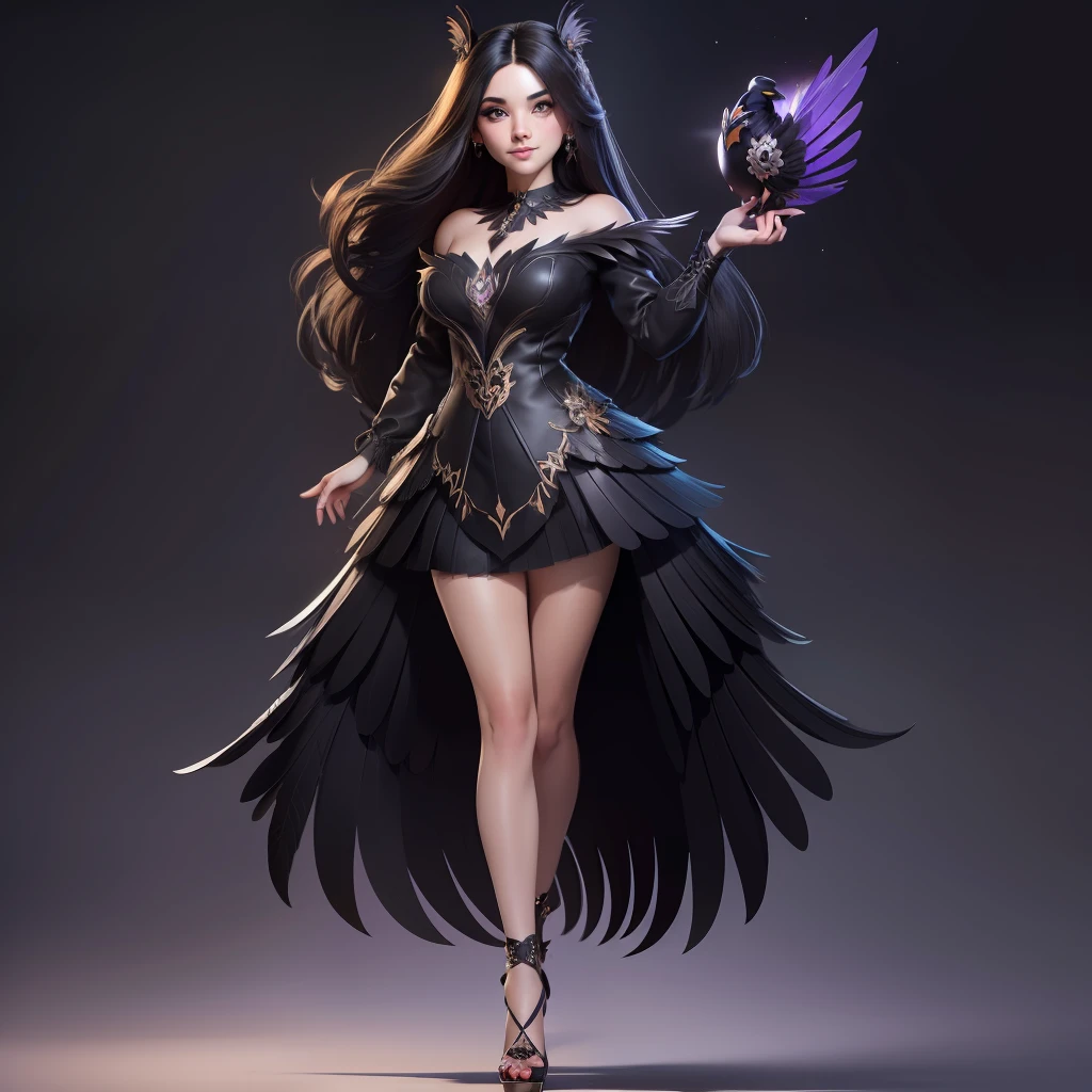 A beautiful girl, dressed like a raven, with raven wings, long hair, black Raven flowers around her, pretty face, full body pictures, high quality pictures, wearing a high heel, cute face, proper face, sparkling face, sparkling eyes, sparkling lips, with a face