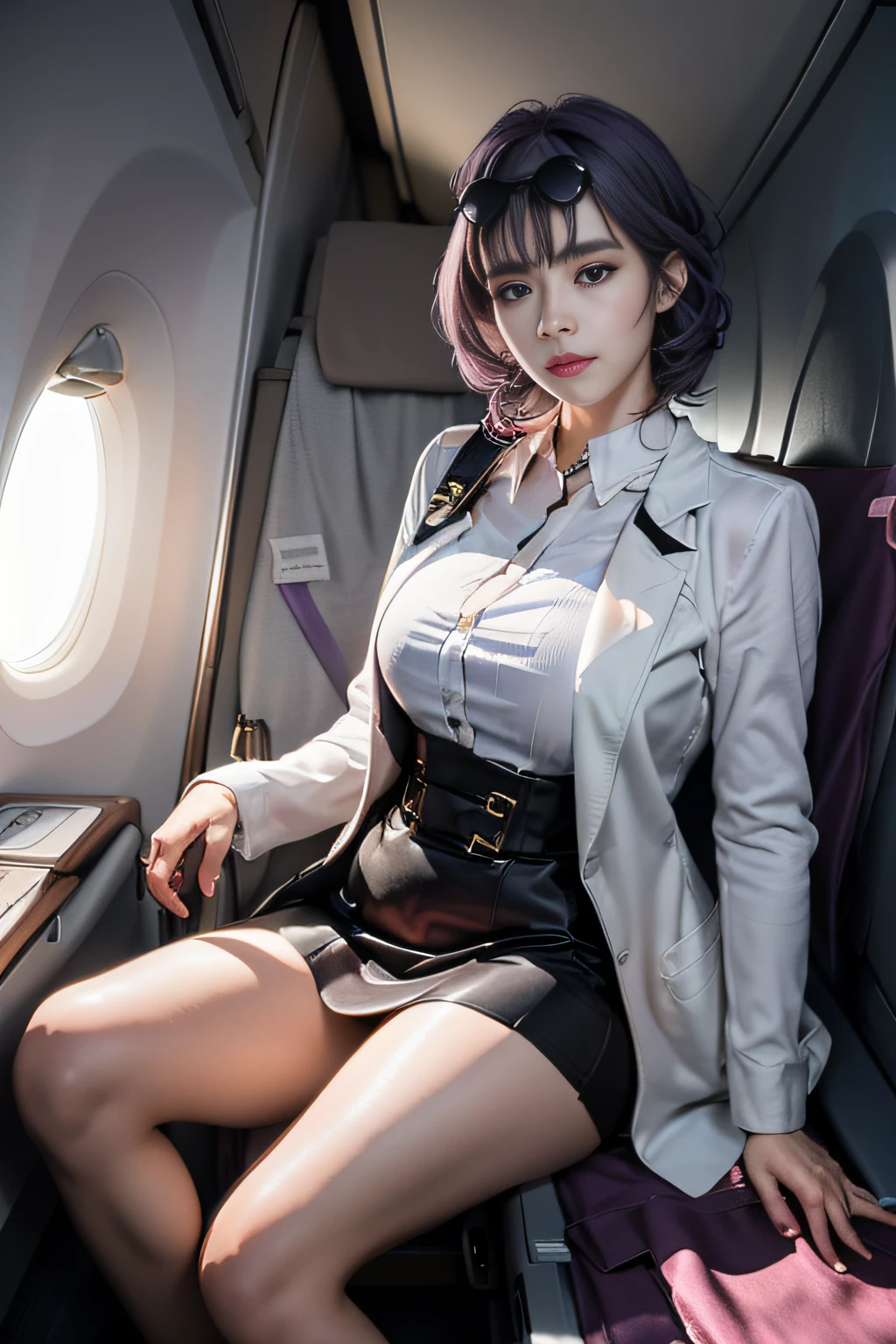 (Best quality: 1.1), (Realistic: 1.1), (Photography: 1.1), (highly details: 1.1), (1womanl), Airline flight attendants,Coat,White shirt,Short skirt,black lence stockings,bent down,In the plane,KafkaHKS,hong kong,Purple eyes, Purple hair, eyewear on head, sunglasses,