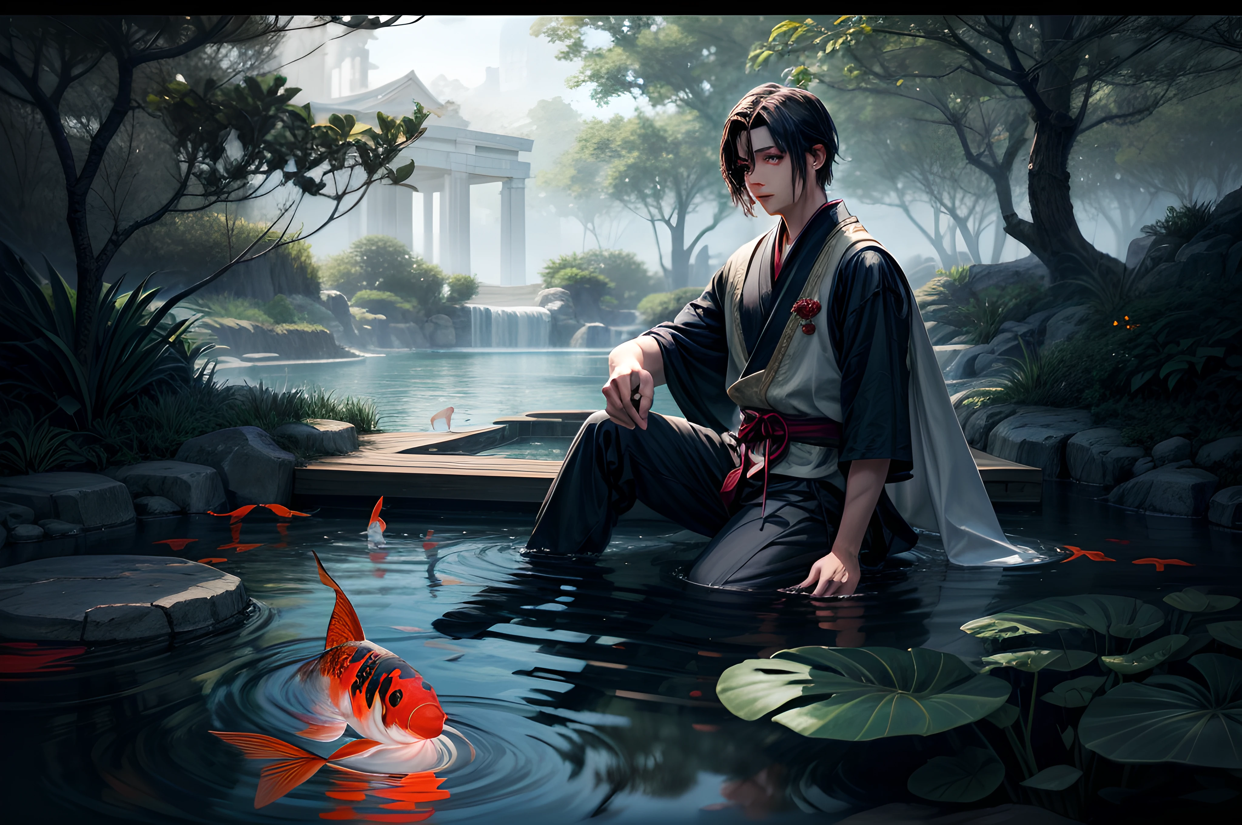 Best quality, Masterpiece, 超高分辨率, (photograph realistic:1.4), surrealism, Dream-like,fusionart, A mesmerizing and surreal masterpiece that captures the essence of an otherworldly encounter between a little boy and a school of vivid koi fish in a serene and mystical garden pond. The composition should be a visual symphony, expertly balancing every element to create a breathtaking scene. The image should have a perfect balance between you and the koi fish, with boy positioned at the water's edge, gazing into the pond, and the koi fish elegantly swimming around you. Use the "Rule of Thirds" to create a harmonious composition. Create an atmosphere that is both tranquil and dreamlike. The garden pond should be surrounded by lush, overhanging vegetation, with weeping willow branches delicately dipping into the water, creating a sense of enclosure and wonder. The koi fish should be a vibrant burst of colors, from deep oranges to fiery reds, with a few elegant specimens adorned in the most brilliant gold and white patterns. Their scales should shimmer in the dappled sunlight as they gracefully glide beneath the water's surface. Use the soft, diffused light of early morning or late afternoon to cast a warm, enchanting glow over the scene. The sunlight should filter through the leaves, creating patterns of light and shadow that dance across the water and the boy's figure. Enhance the colors to create a surreal and magical effect. The koi fish should be vivid and luminescent, their colors intensified to a dreamlike level. Boys presence should be portrayed in muted, earthy tones, creating a visual contrast with the vibrant fish. Highlight the texture of the water's surface, making it appear almost ethereal, like a veil between worlds. The koi fish's scales should appear glossy and smooth, inviting viewers to touch them. Emphasize the contrast between the dreamy & surreal, volumetric light, subsurface scattering, cg9studio quality, trending on artstation,