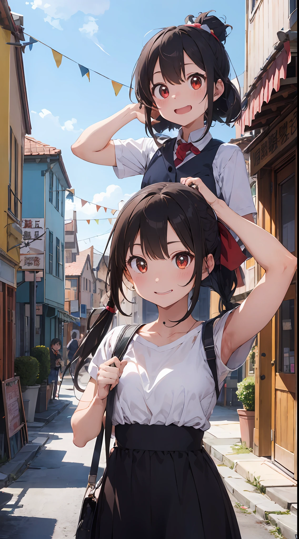 hair bunch、long eyeslashes、Round eyes、A slight smil、Ears are blushing、braid ponytail、expressive hair、Crystal hair、shinny hair、Hair on the nape、pupils are open、Jealousy、glitter、Angry blood vessels、Envy、Pick up、Crazy smile、 Tachie, surrealist, animesque, 真实感, Colors like Ghibli,Welcome to the quirky town of Funtonia。There、Not everything is as it seems。Central of the town square、Shimmer in the sun、Its eyes shine mischievously。The scene is vibrant、Colorful and、Founto must also be filled with details that further enhance the humor and charm of a