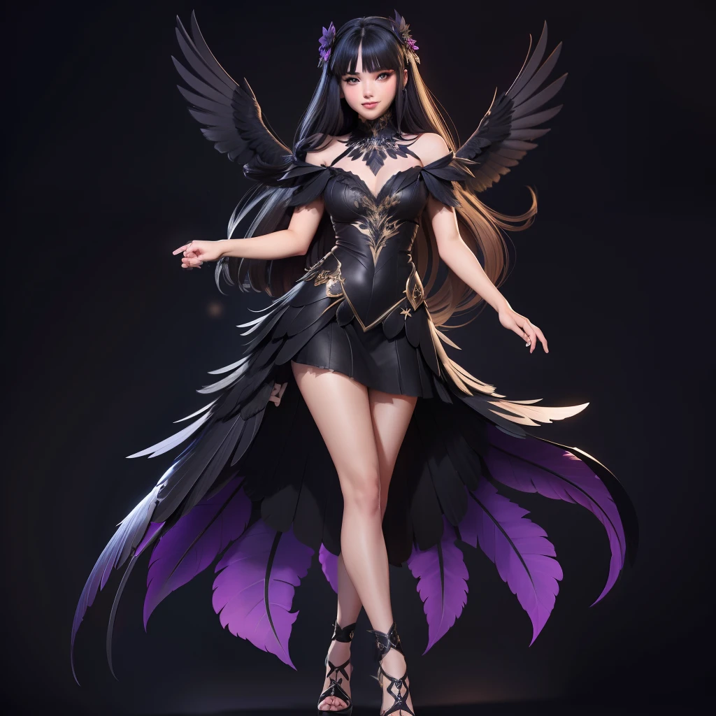 A beautiful girl, dressed like a raven, with raven wings, long hair, black Raven flowers around her, pretty face, full body pictures, high quality pictures, wearing a high heel, cute face, proper face, sparkling face, sparkling eyes, sparkling lips, with a face