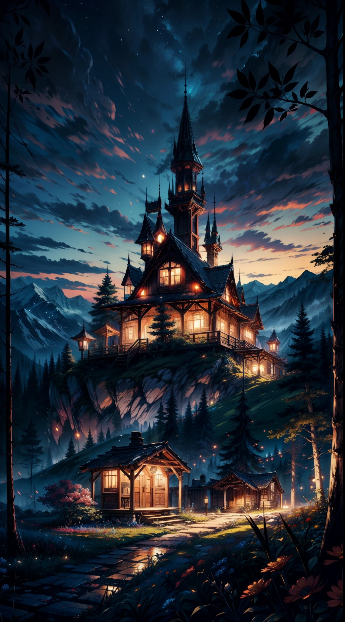 gorgeous, masterpiece, best quality, landscape, highres,4k, wallpaper, trace lights, mountains, intricate, detailed, BREAK mediaval, camp, florest, houses, magical, magic, no_humans, hut, flowers, busy, rpg, lord of the rings, cozy peace,peaceful, stunning view