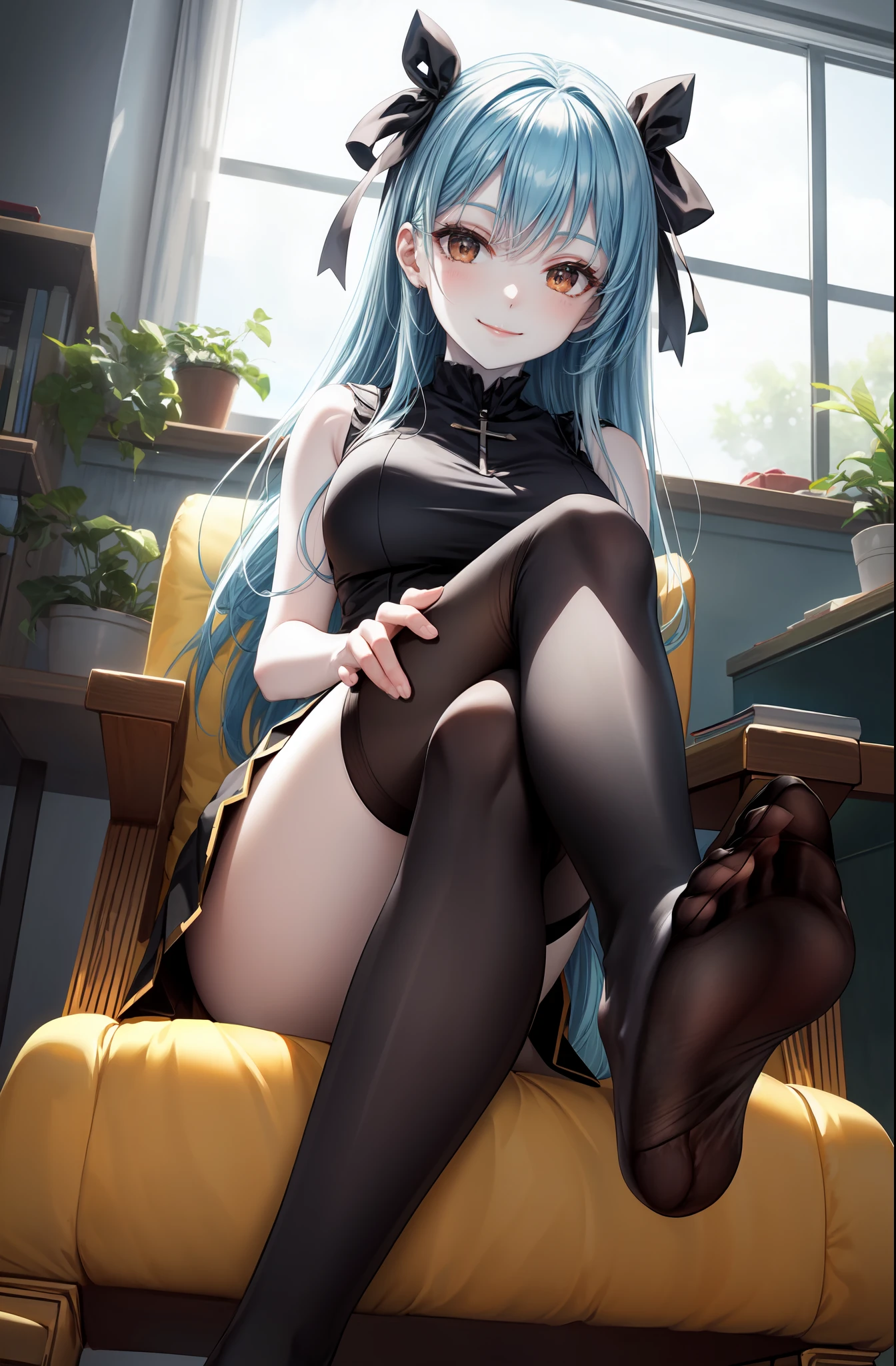 (((foot focus))), (((presenting foot))), foot towards viewer, from below, ((black thighhighs)), looking at viewer, from below, (((hand on own thighs))), eyelashes, (pale skin:1.5), anime style, masterpiece, 8k, sharp details, 1girl, solo, light blue hair, full body black dress with skirt, mature female, medium breasts, black side twin hair ribbon, brown eyes, long hair, sleeveless, closed mouth, crossed legs, light smile, sitting on a chair