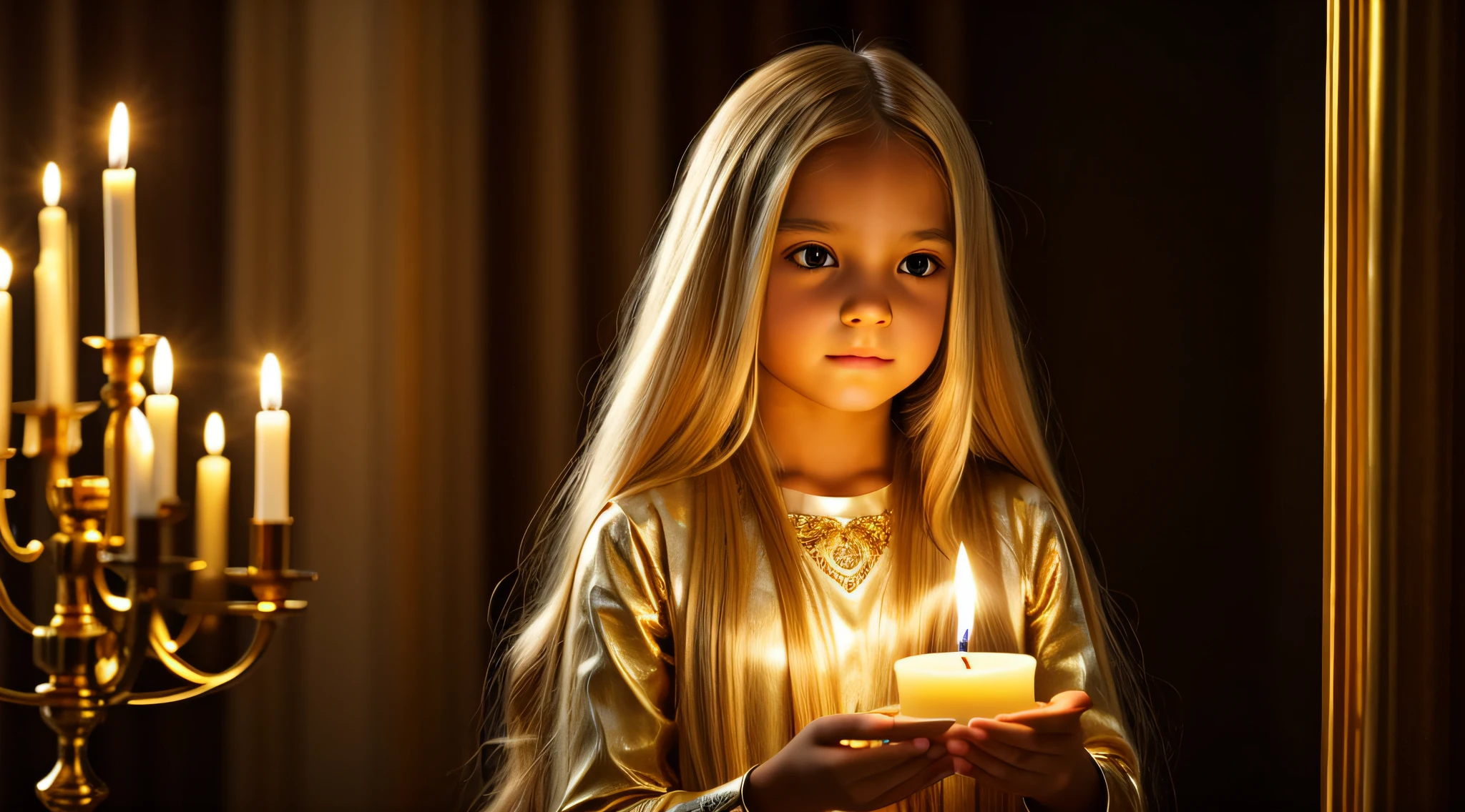 CHILDREN LONG HAIR GOLD HAIR GOLDEN ANGEL GIRL with candle accesses in hand.