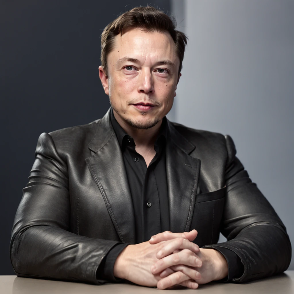 elon musk sitting oh his desk, crossed hand, looking straight to camera, neutral facial expression, blured background, ultra realistic, high detailed, 8k