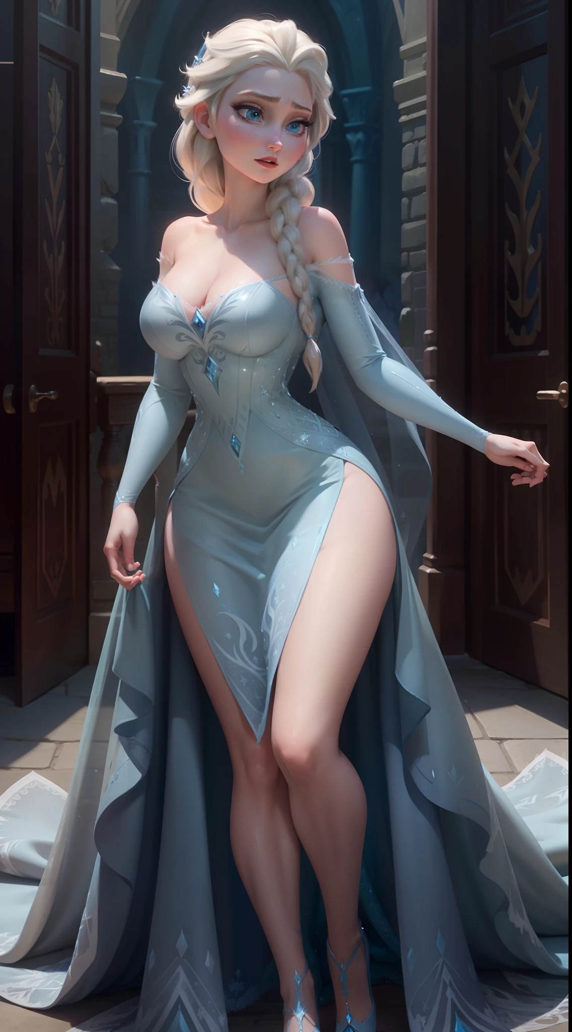 elsa of arendelle, detailed face, long blue dress, no bra, high cut dress, beautiful legs, big breasts, thick thighs, full body, hot, standing in a castle, high quality, detailed