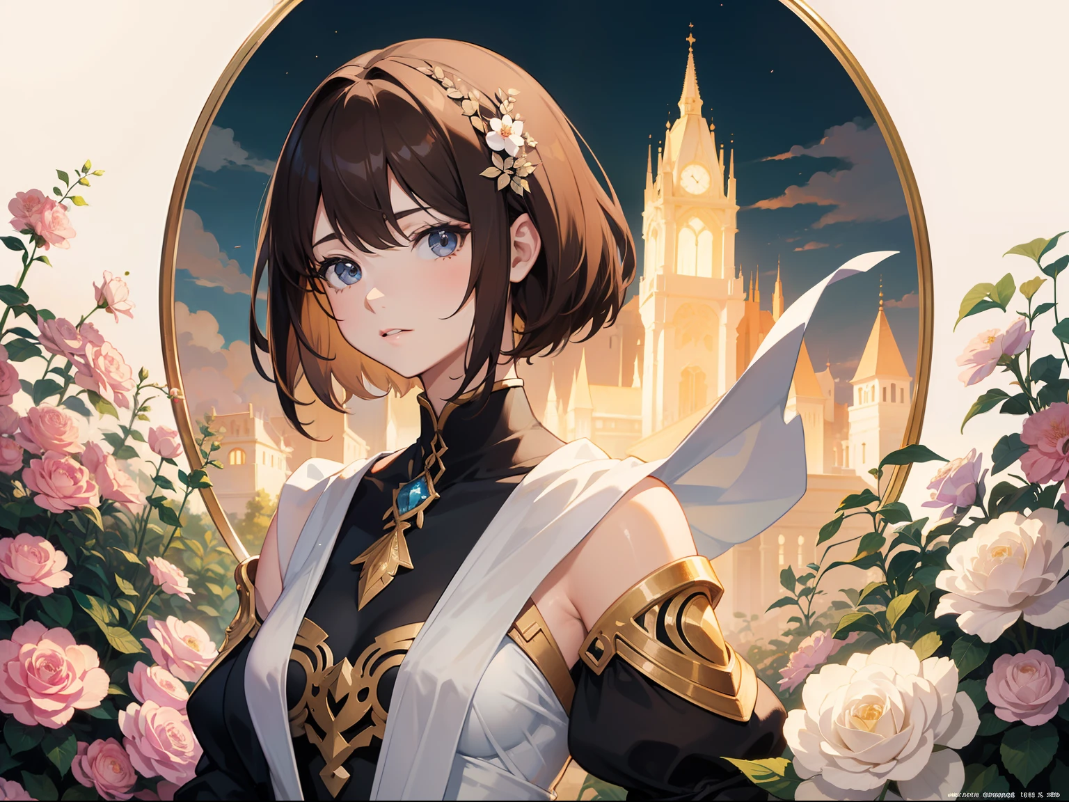 Official Art, Masterpiece European female, short hair, pale brown hair , brown eyes, (masterpiece、top-quality、hight resolution: 1.4),in 8K, Drawing of a woman with short pale brown hair, Anime Art Nouveau, highly detailed exquisite fanart, anime fantasy illustration, clean detailed anime art, detailed anime art, Sharp Focus, Delicate Beautiful Hair and Eyes and Face, realisitic, ultra-detailliert, flower garden, only one person