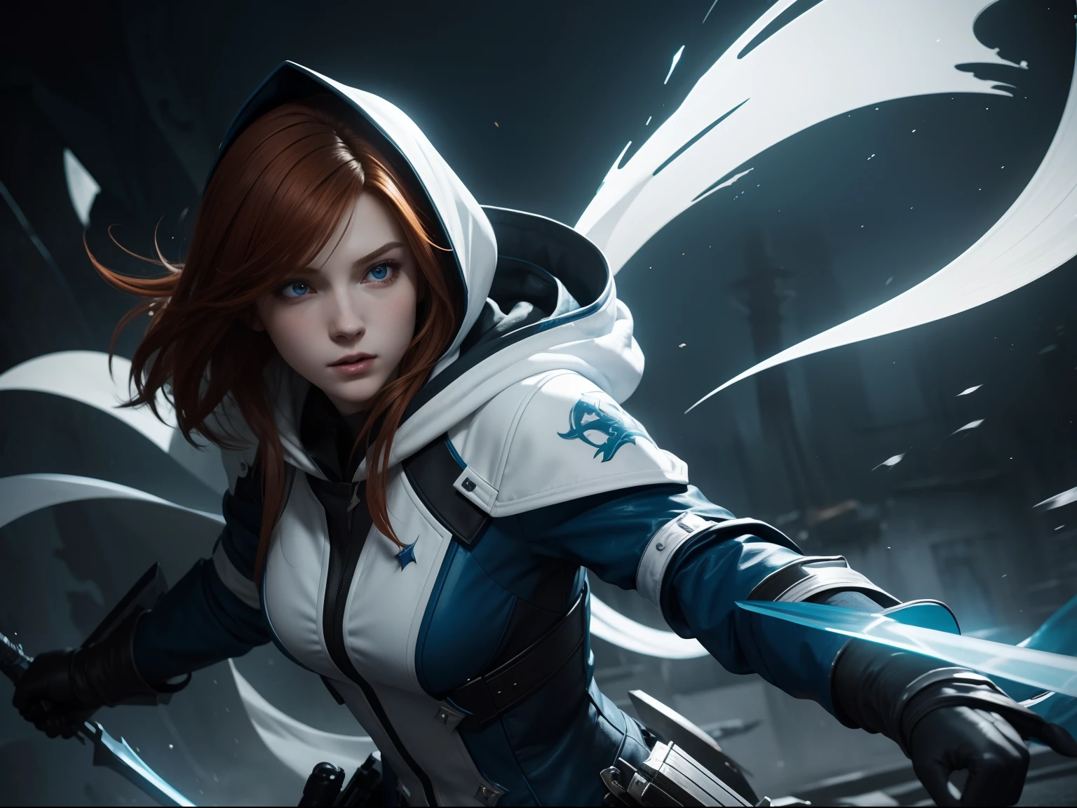 a beautiful 20 years old female vampire hunter with short straight ginger hair, pale skin, cheerful looking, wearing a white and blue hooded assassin outfit, splash art style, battle ready pose, looking at viewer, dynamic angle, photo realism, ambient lighting, intricate hand details, highly detailed, vibrant colors, cinematic, neoprene, Unreal engine 5, stylized digital art, 8k, trending on Artstation,--Style raw
