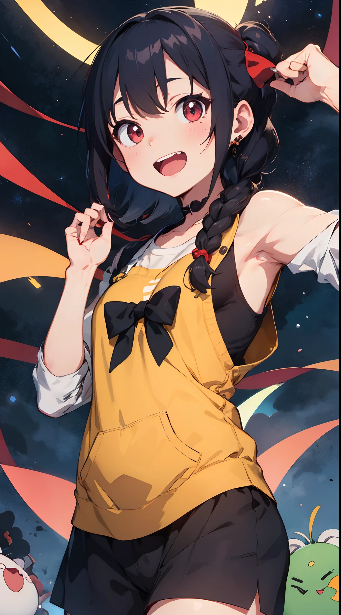 hair bunch、long eyeslashes、Round eyes、A slight smil、Ears are blushing、braid ponytail、expressive hair、Crystal hair、shinny hair、Hair on the nape、pupils are open、Jealousy、glitter、Angry blood vessels、Envy、Pick up、Crazy smile、 Tachie, surrealist, animesque, 真实感, Colors like Ghibli, ultra-realism, anime styled, 8k, Ultra-fine, exquisite, top-quality, UHD, masterpiece, Anatomically correct, Textured skin, high detal, number々Awards for, hight resolution, 16k