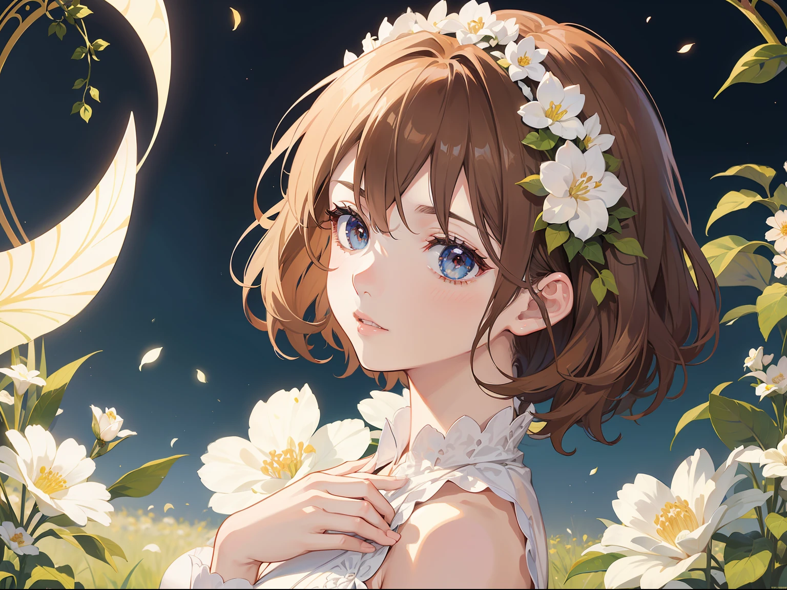 Official Art, Masterpiece European female, short hair, pale brown hair , brown eyes, (masterpiece、top-quality、hight resolution: 1.4),in 8K, Drawing of a woman with short pale brown hair, Anime Art Nouveau, highly detailed exquisite fanart, anime fantasy illustration, clean detailed anime art, detailed anime art, Sharp Focus, Delicate Beautiful Hair and Eyes and Face, realisitic, ultra-detailliert, flower garden, only one person