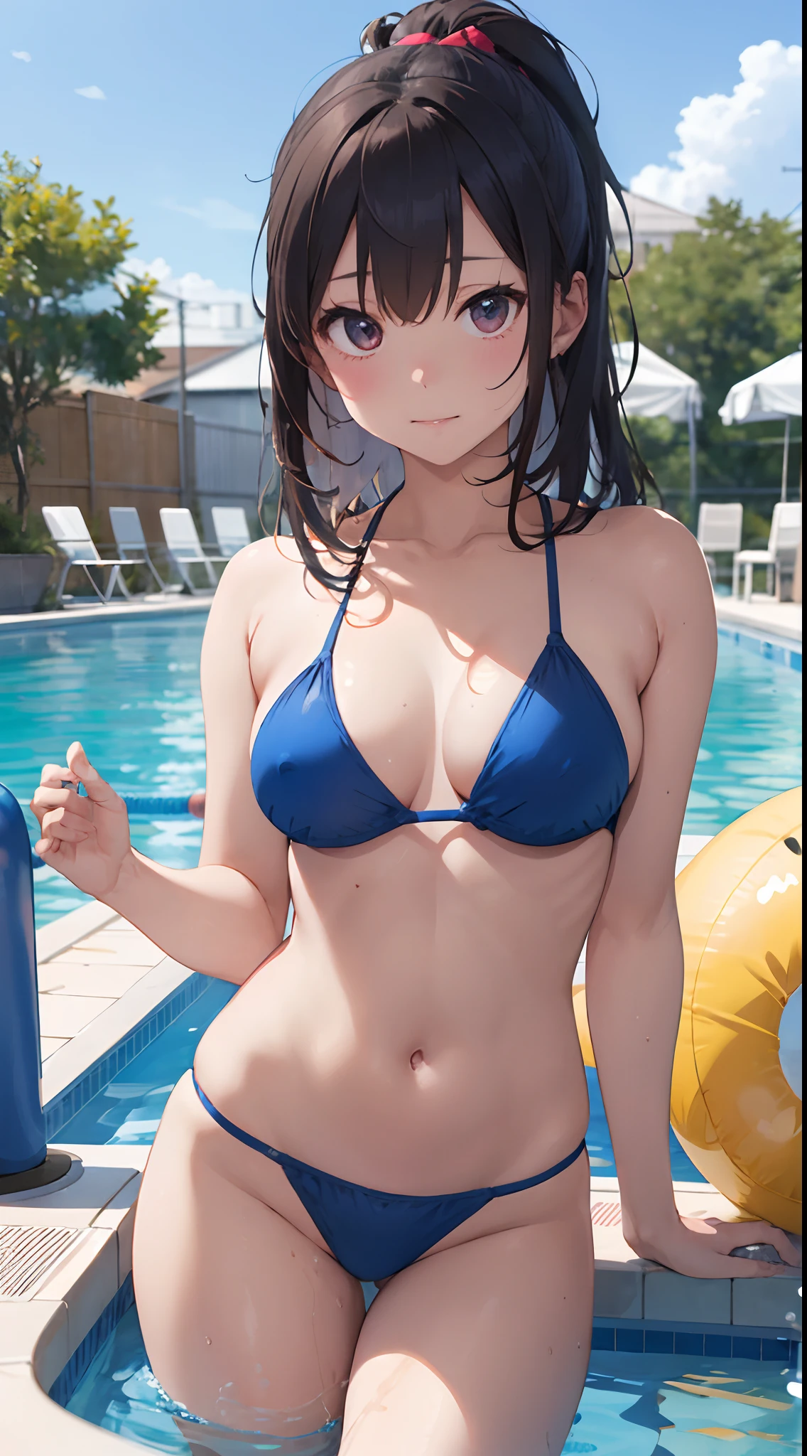 Alaf posing in a swimming ring in front of the pool, 奈良美智, chiho, Pool Party, Young Gravure Idol, Young Pretty Gravure Idol, inflatable, Young skinny gravure idol, 1 8 I, Realistic Young Gravure Idol, wearing pearl neon bikini, skydoll noa, 2