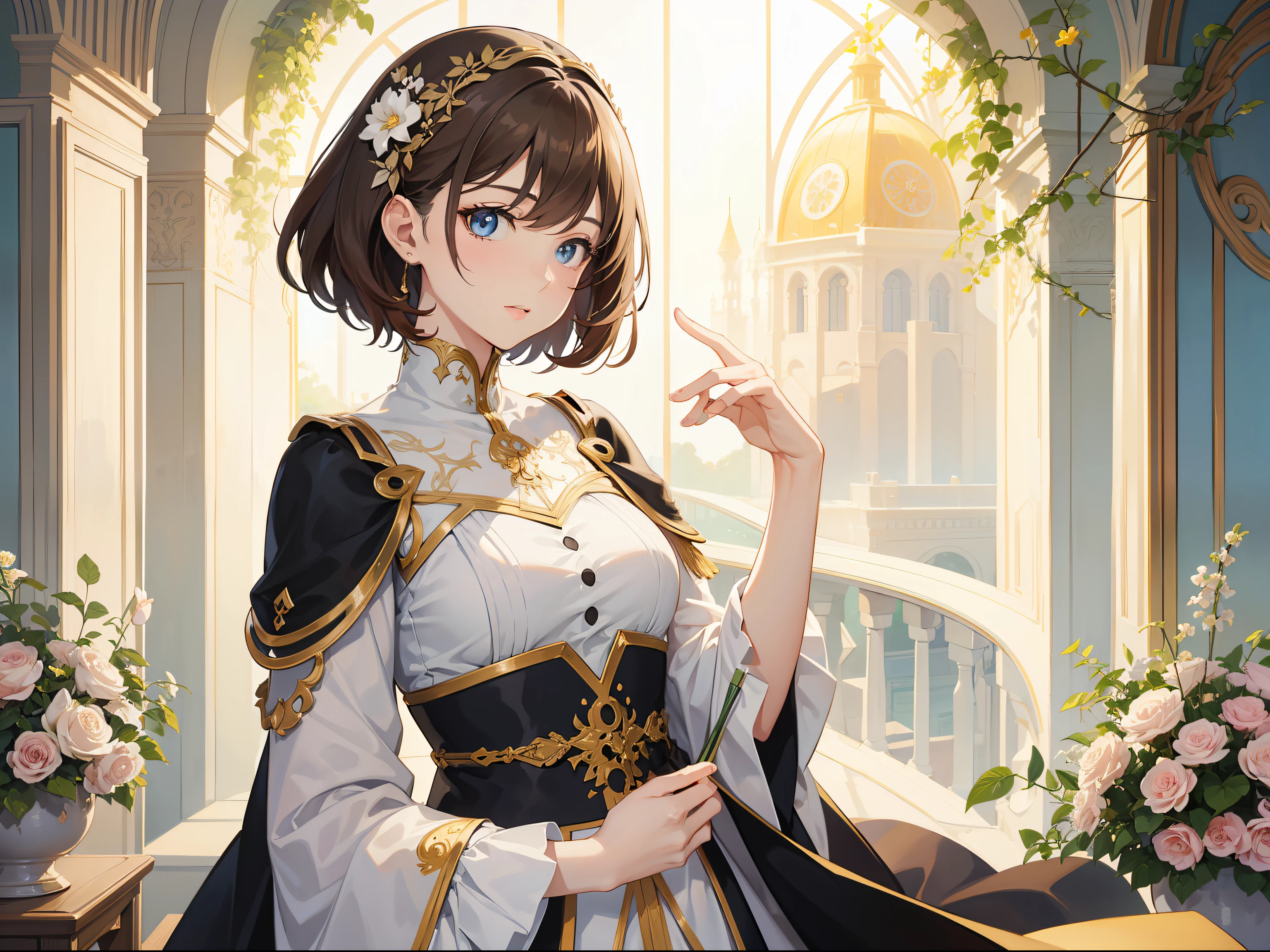 Official Art, Masterpiece European female, short hair, pale brown hair , brown eyes, (​masterpiece、top-quality、hight resolution: 1.4),in 8K, Drawing of a woman with short pale brown hair, Anime Art Nouveau, highly detailed exquisite fanart, anime fantasy illustration, clean detailed anime art, detailed anime art, Sharp Focus, Delicate Beautiful Hair and Eyes and Face, realisitic, ultra-detailliert, flower garden, only one person