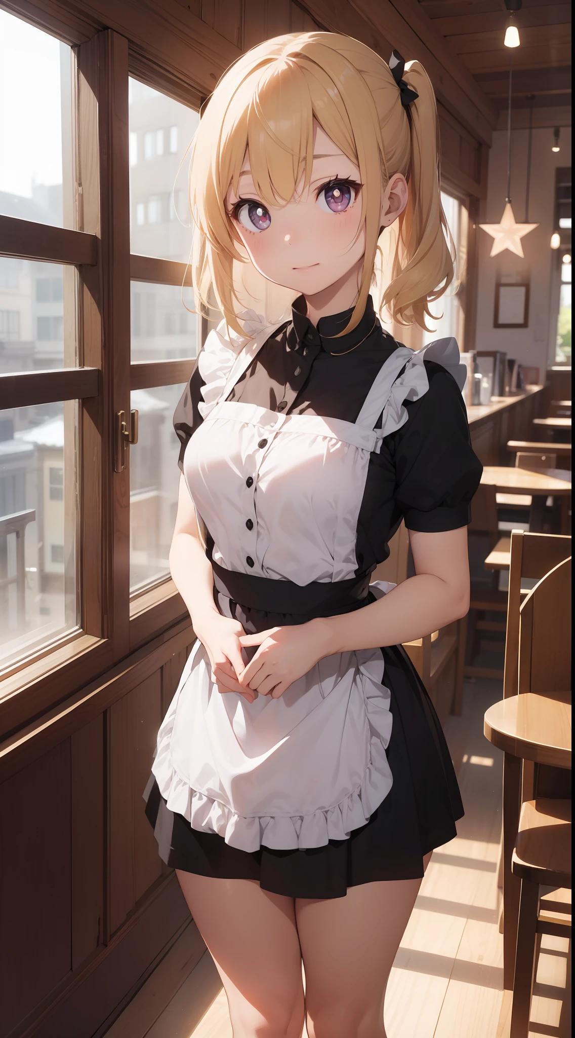 「In the middle of a bustling city、There is a quaint little café that looks like something out of a fairy tale。Its name is also「Maiden Enchantment」。It is famous for its unique theme of maid cafes..。Chandeliers suspended from the ceiling、Luxurious velvet chair、Wall decorated with intricate wallpaper, etc.、Victorian elegance blends modern chic。 In the middle of this enchanting environment is、It's Yuki, The protagonist.。『Maiden Enchantment』Although it is a maid of、More than just a maid。Jet-black hair tied into twin tails、Snow white apron over a navy blue dress、knee high socks、And she in polished black shoes、Embodies the perfect blend of elegance and charm。Her deep purple eyes are、Always shines with mischievous spirit and curiosity。 Yuki is not known only for her impeccable appearance。She is the heart and soul of the café。With a melodious voice like a nightingale、She often serenades classic ballads and modern hits to clients.、Make your customer experience truly magical。She also、All your favorite dishes and、There is also a talent for learning coffee and tea preferences.。 however、What really sets Yuki apart is、It is her uncanny ability to know what someone needs。Be a kind word、attention、Or even fully brewed tea.、She always knows how to make someone's day better。 The sun goes down、When the fairy light in the café begins to shine、You can see Yuki writing her thoughts in her diary at her favorite place by the window。Some say that this is a collection of stories from her café, others、Some believe that it is a story of her own dreams and aspirations。 The overall image is、Everyday café life meets a bit of magic and wonder、It should capture the essence of Yuki's world。From the lace on Yuki's ????? to the steam rising from her teacup、Carefully expressed every detail.、Beholder『Maiden Enchantment』It has become a masterpiece that will take you straight into the world。」、 Beautiful bare pubic hair ,more_Details:1.3, more_Details:1.8、(a blond:1.5)、Red Eyes、(((The left pupil is star-shap