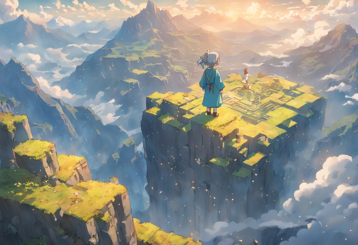 Um boneco do minecraft,olhos grandes, standing on the top of a mountain,Looking Up The Sky, Pintura SNES