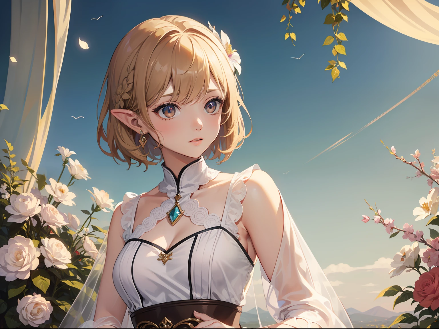 Official Art, Masterpiece European female, elvish, short hair, pale brown hair , brown eyes, (​masterpiece、top-quality、hight resolution: 1.4),in 8K, Drawing of a woman with short pale brown hair, Anime Art Nouveau, highly detailed exquisite fanart, anime fantasy illustration, clean detailed anime art, detailed anime art, Sharp Focus, Delicate Beautiful Hair and Eyes and Face, realisitic, ultra-detailliert, flower garden, only one person