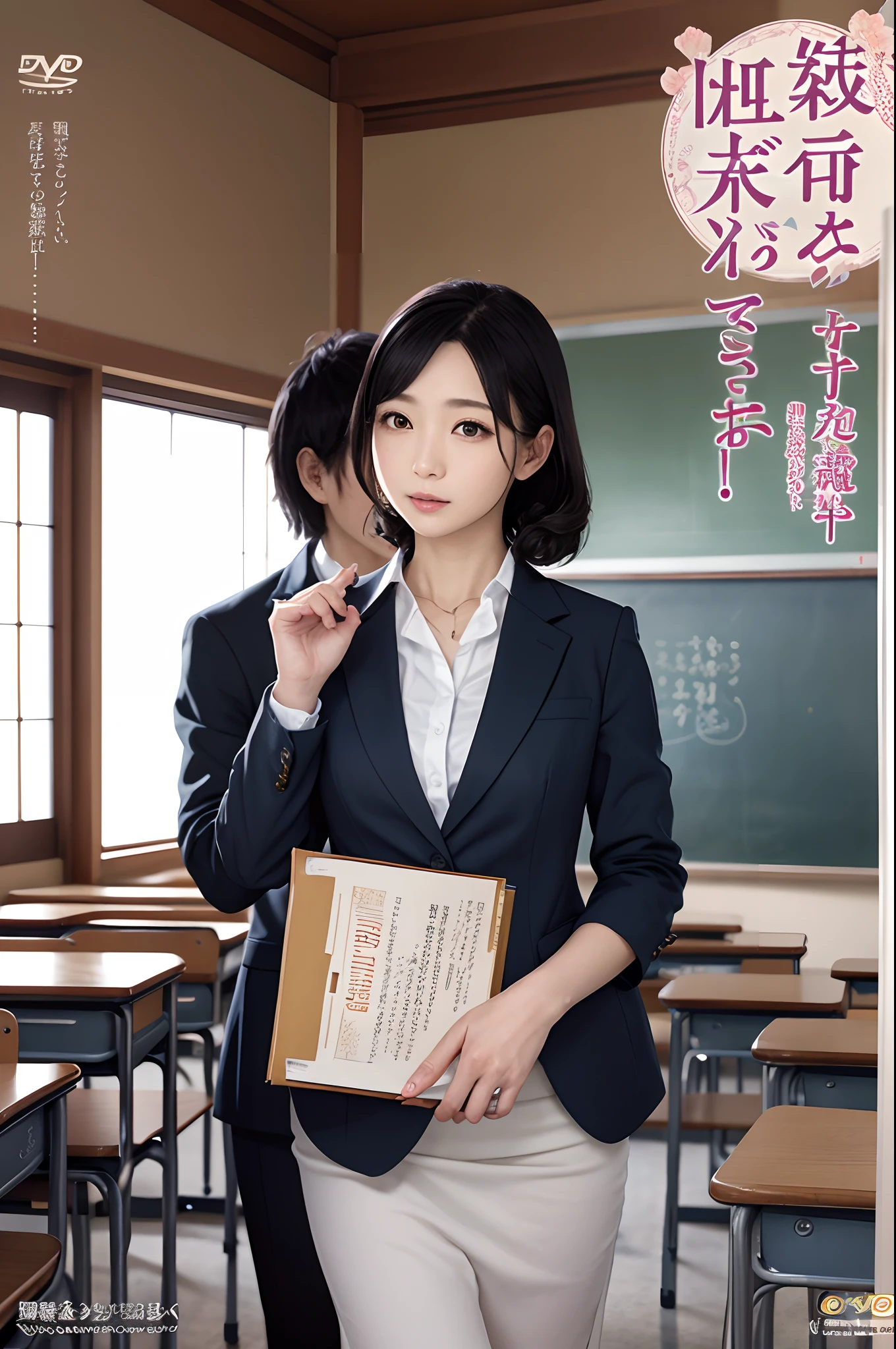 (​masterpiece)、(top-quality: 1.4)、absurderes、[:intricate-detail: 0.2]、1人の女性、SFW、JAV Cover、There is a woman in a suit holding a book in a classroom、in class room、teacher、as a strict school teacher 、japanese high school、is standing、school class、