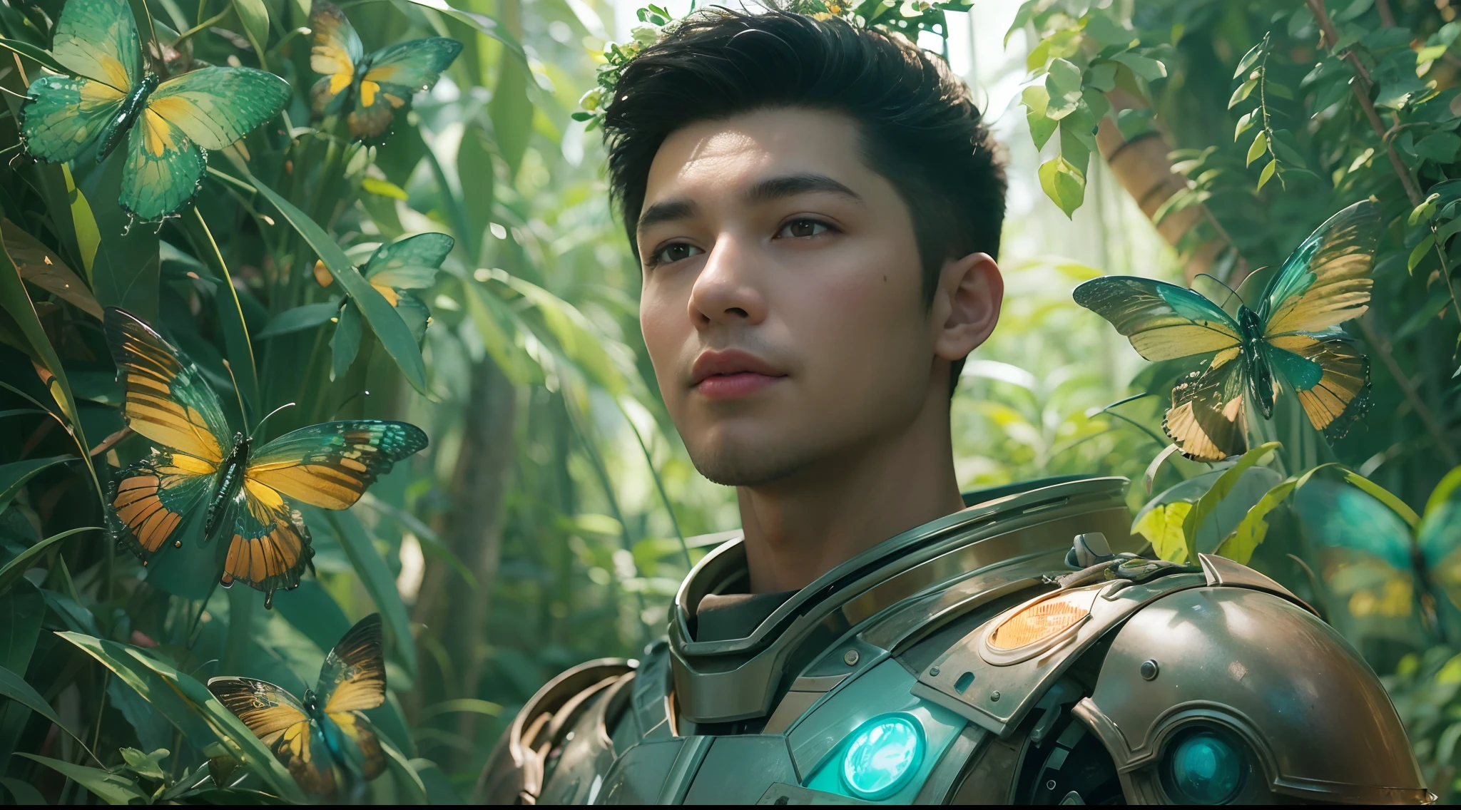 1boy, photo of very very handsome suave smiling young 25-year-old male Chinese prince, clothed in futuristic cybernetic armor, wearing a large futuristic crown, walking in a lush flower garden with many neon glowing butterflies, sci-fi, intricate, neon light, ((perfect face)), ((perfect hands)), ((perfect body)), ((correct anatomy)), ((ultra-realistic)), ((8k, UHD)), highly detailed, digital painting, artstation, concept art, human anatomy, soft light, smooth, illustration, art by tian zi and craig mullins and WLOP and alphonse mucha