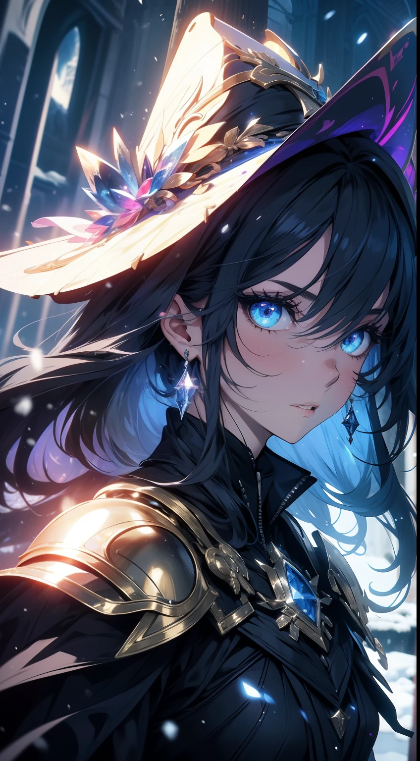 masterpiece, 1girl, armor, spell, mage, witch, scary, glow, particles, stunning, spectral, snow, gorgeous, perfect face, expressive eyes, cute,
