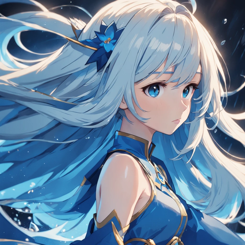 um close up de um personagem de desenho animado com vestimenta azul, pose heroica, sombreamento estilo anime plano, Loira, blonde girl, Pose elegante real, avatar com um cabelo loiro, azul. cabelo detalhado, imagem do avatar, cel - estilo de arte sombreado, personagem estilo anime, inspirado por Li Chevalier, roupas azuis e poses inspiradas na feiticeira escarlate, poderes de agua, controlando agua, pose heroica