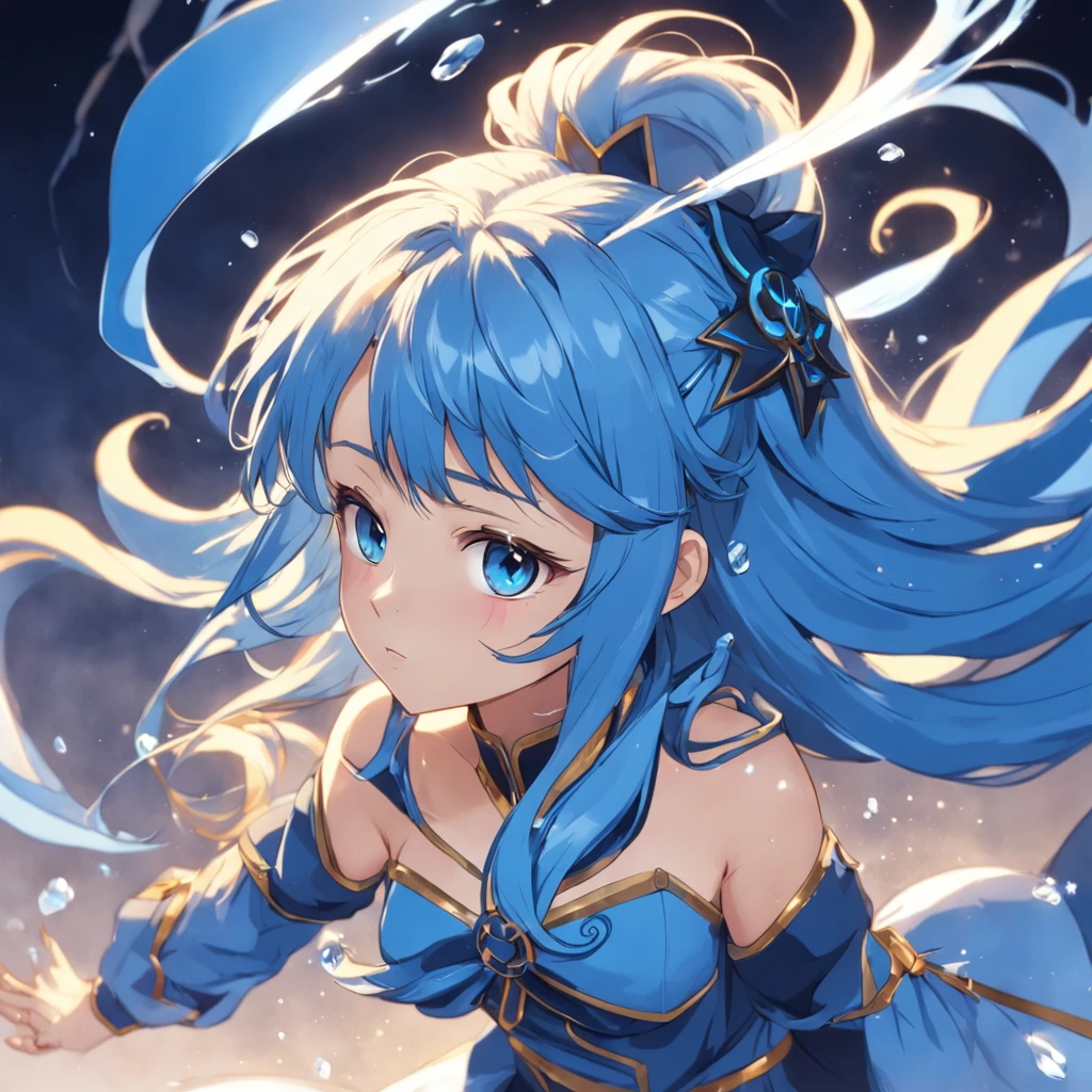 um close up de um personagem de desenho animado com vestimenta azul, pose heroica, sombreamento estilo anime plano, Loira, blonde girl, Pose elegante real, avatar com um cabelo loiro, azul. cabelo detalhado, imagem do avatar, cel - estilo de arte sombreado, personagem estilo anime, inspirado por Li Chevalier, roupas azuis e poses inspiradas na feiticeira escarlate, poderes de agua, controlando agua, pose heroica
