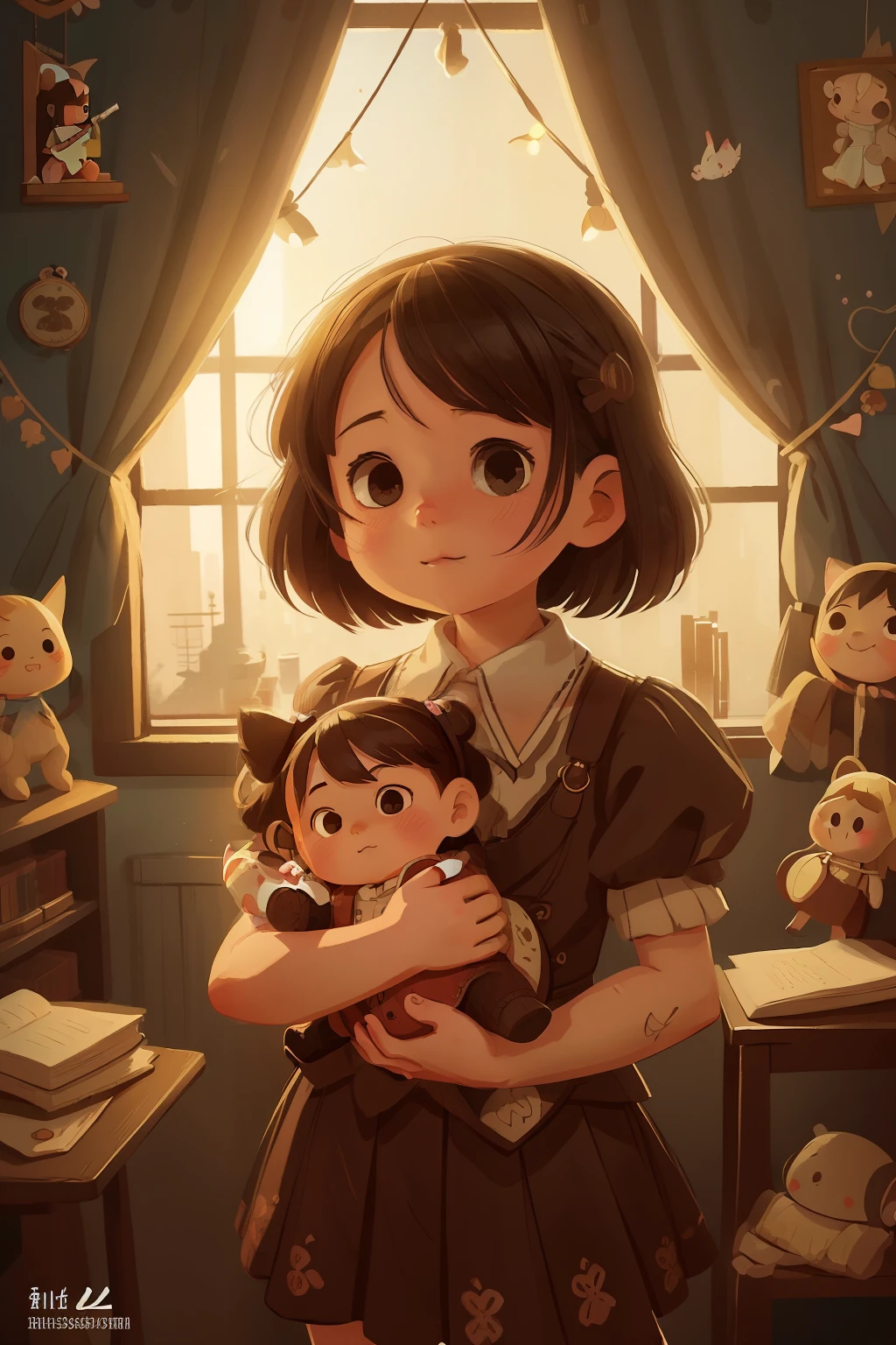 there is a girl holding a doll in her arms, adorable digital painting, cute detailed digital art, artwork in the style of guweiz, childrens art in artstation, cute detailed artwork, cute storybook illustration, detailed fanart, cute digital art, realistic cute girl painting, ****, cute art style, a beautiful artwork illustration, story book illustration, cute artwork