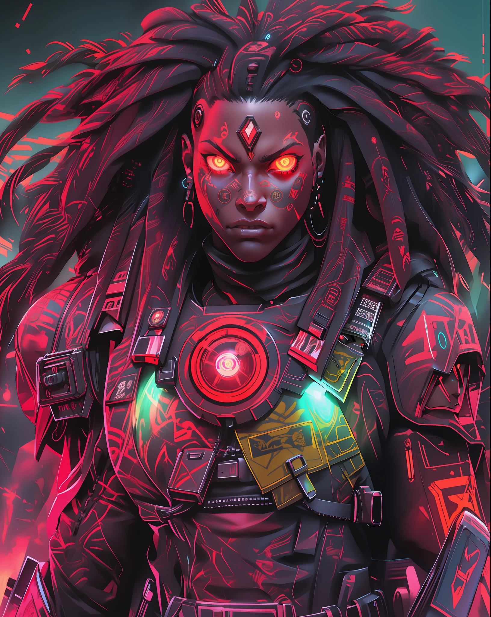 RAGE UNLEASHED, battle ready, epic, african american man cyborg soldier with dual samurai sword, red long dreadlocks, glowing neon X eyes, with shot gun on the side, heavy mecha armor, cybernetic, cyberpunk, colourful japanese stickers on armor, on planet venus, wasteland, apocalypse, baren venus planet, cinematic, volume lighting