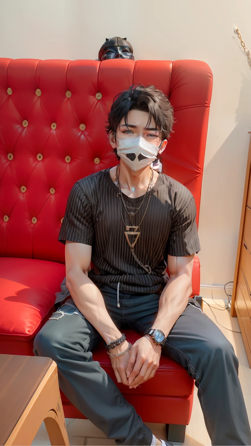 Anine boy hidden face (black mask) style realistic face 8k ultra realistic with watch hand bracelet and single neck chain