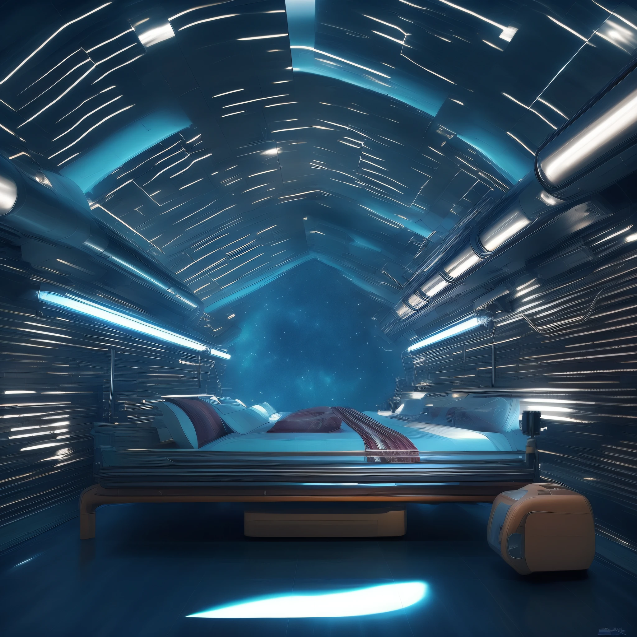 Cold Light Source Technology Cyberpunk Mechanical Minimalism Deconstructivism Bedroom Background Image Floor-to-ceiling windows Bright fluorescent Starry Sky Armor Artificial Intelligence Starry Sky Cold Light Source Only one bed