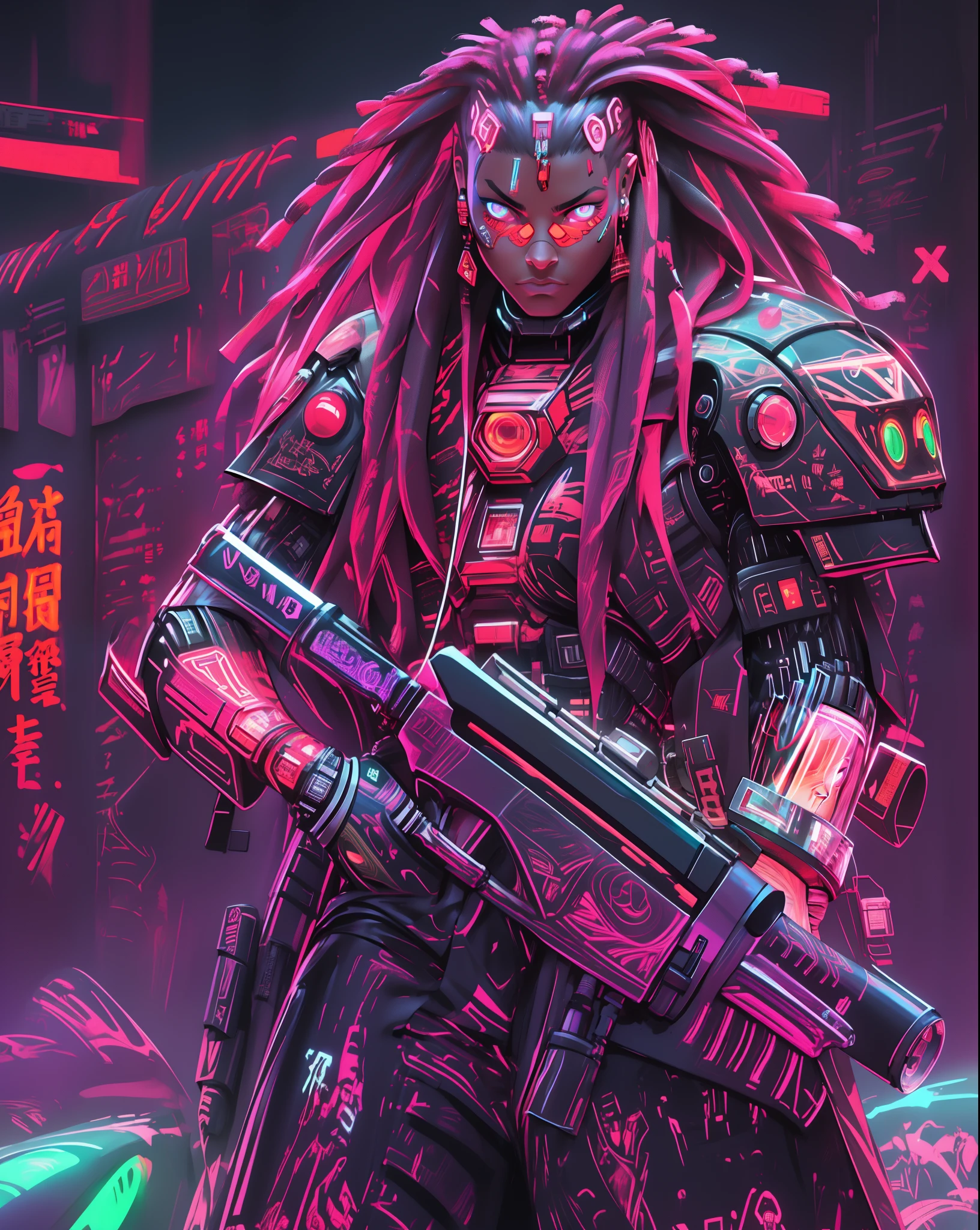 hyper realistic, epic, african american man cyborg soldier with dual samurai sword, red long dreadlocks, glowing neon X eyes, with shot gun on the side, heavy mecha armor, cybernetic, cyberpunk, colourful japanese stickers on armor, on planet venus, wasteland, apocalypse, baren venus planet, cinematic, volume lighting