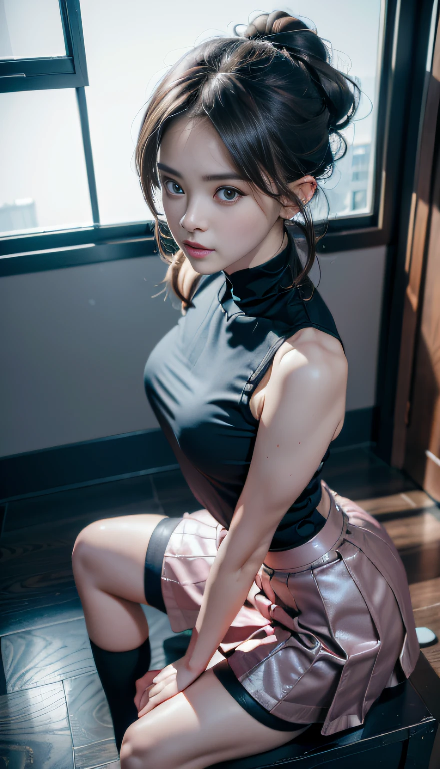 (RAW photography、top-quality)、(hentail realism、Photorealsitic:1.3)、top-quality、tmasterpiece、Extremely Delicately Beautiful、A highly detailed、NFFSW、A sense of unity、2k wallpaper、magnifica、Beautiful face in every detail、tmasterpiece、Light smile、top-quality、Highly detailed ticker Unity 8K wallpaper、hugefilesize、ultra - detailed、A high resolution、The is very detailed、Female 1 Person、Slim body、D-cups、(Black tights top:0.7)、(Pink skirt:1.2)、(Bun hair)、(A brown-haired)、Look at the front、Sharp focus、facial closeups、PureErosFace_V1:0.8 Short hair、Instagram、Viewer's perspective、self-shot