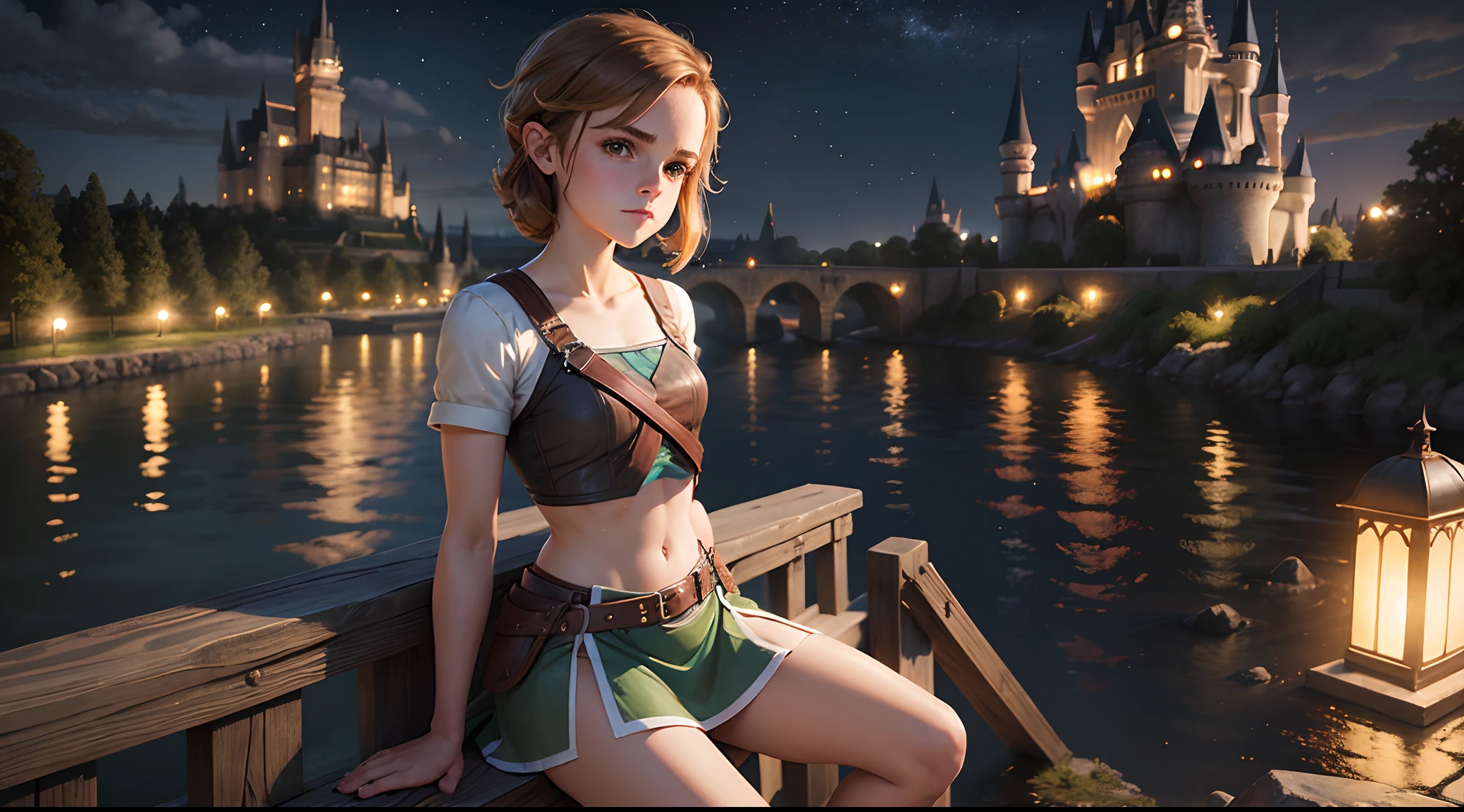 teen emma watson dressed as link. sitting on a fence. short dress, crop top. Castle. Night. background river. wet. --s 1000