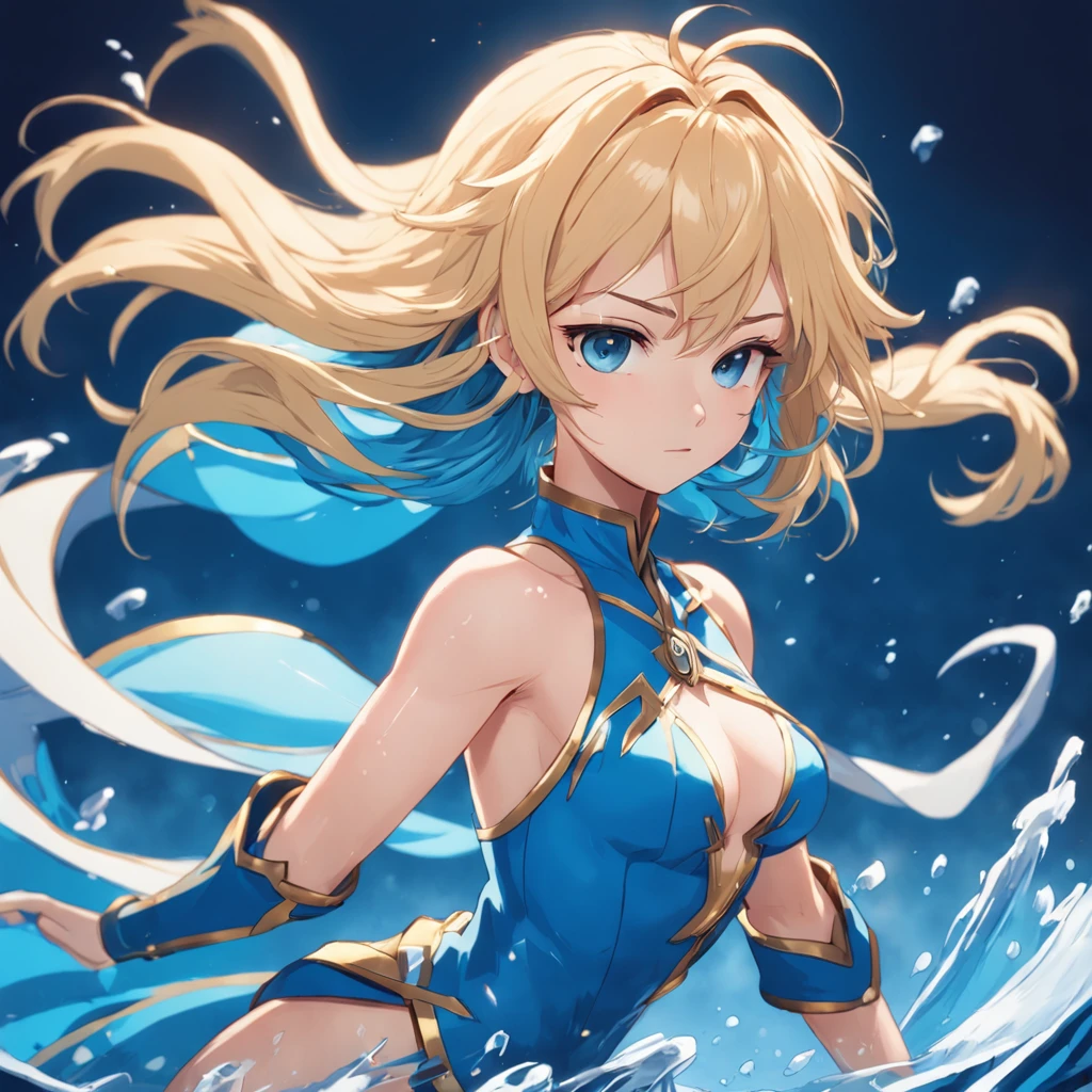 um close up de um personagem de desenho animado com vestimenta azul, pose heroica, sombreamento estilo anime plano, Loira, blonde girl, Pose elegante real, avatar com um cabelo loiro, azul. cabelo detalhado, imagem do avatar, cel - estilo de arte sombreado, personagem estilo anime, inspirado por Li Chevalier, roupas azuis e poses inspiradas na feiticeira escarlate, poderes de agua, controlando agua, pose heroica, blonde flowing hair, pose poderosa