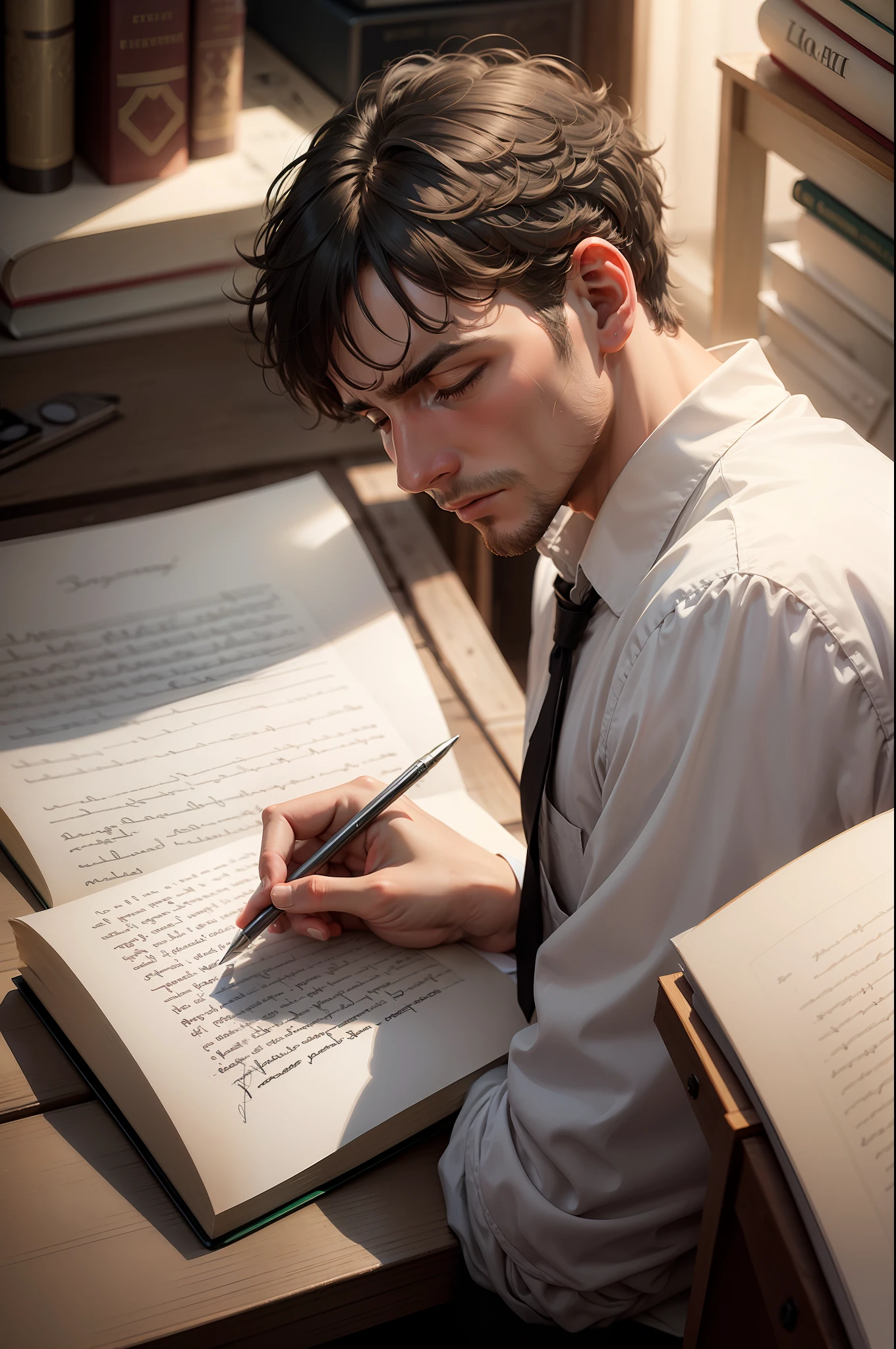 MAN SUFFERING EXPRESSION WRITING LETTER DIVINE LIGHT ON WRITER'S HEAD