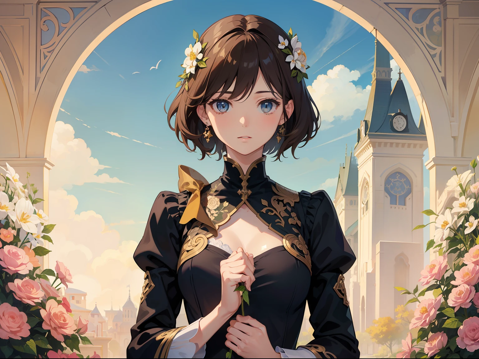 Official Art, Masterpiece European female, short hair, pale brown hair , brown eyes, (masterpiece、top-quality、hight resolution: 1.4),in 8K, Drawing of a woman with short pale brown hair, Anime Art Nouveau, highly detailed exquisite fanart, anime fantasy illustration, clean detailed anime art, detailed anime art, Sharp Focus, Delicate Beautiful Hair and Eyes and Face, realisitic, ultra-detailliert, flower garden, only one person