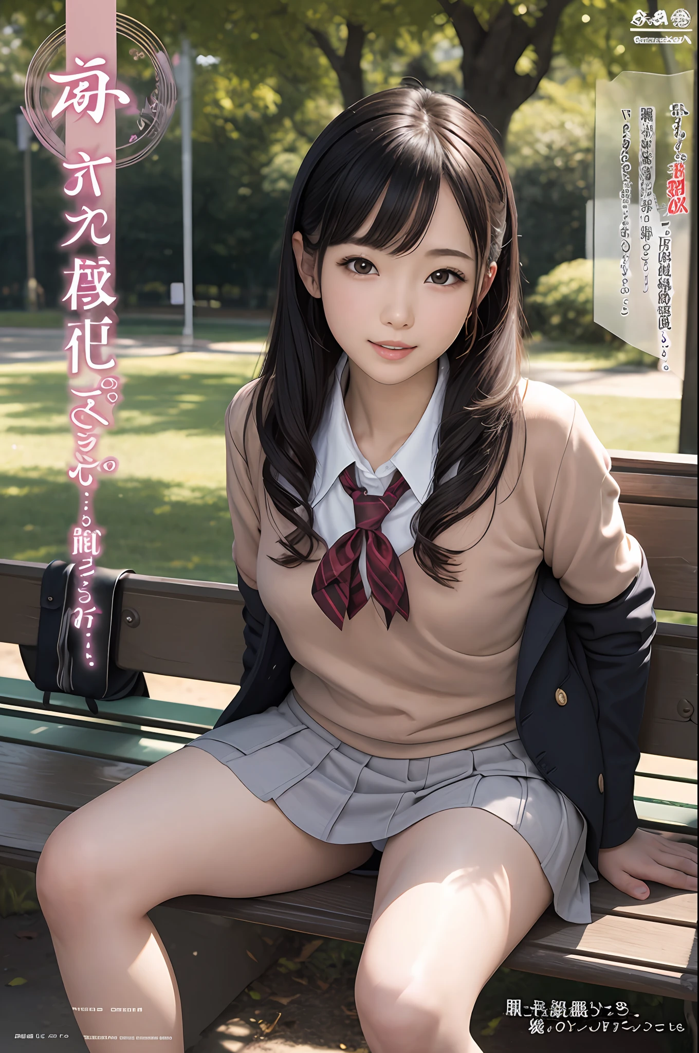 (​masterpiece)、(top-quality: 1.4)、absurderes、[:intricate-detail: 0.2]、２Man Woman、SFW、JAV Cover、Girl posing sitting with legs open、Cute Schoolgirl, wearing japanese school uniform, a park、Sitting on a bench