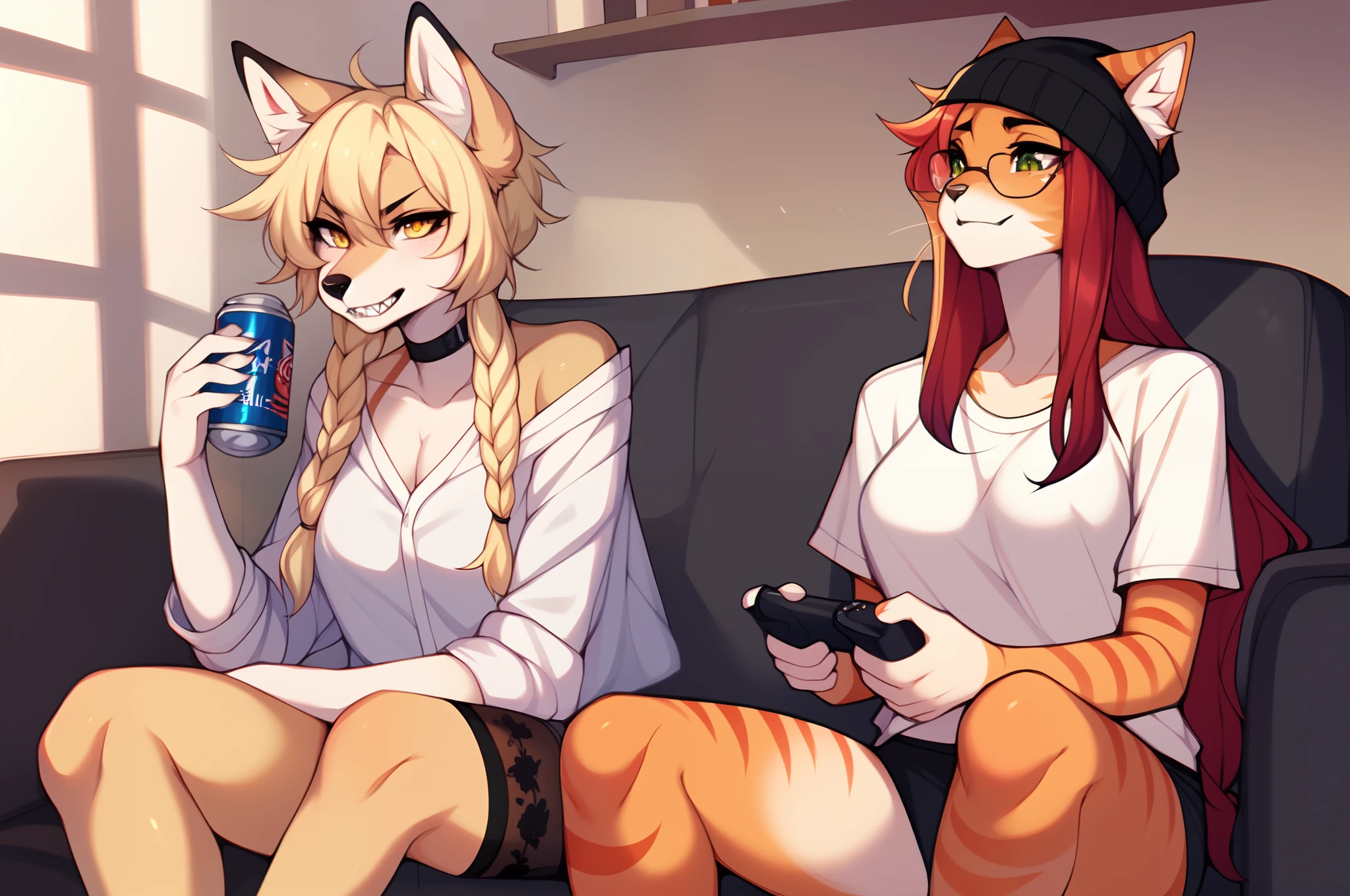 By fumiko, by hyattlen, by claweddrip, a tan anthropomorphic furry female fox, yellow eyes, cute snout, black nose, blonde French braided hair, tan fox ears, angry eyes, huge sharp teeth, smiling, looking to her left, white baggy shirt, shoulder exposed, black panties, holding a beer can, blend in beautifully, Blend in with image