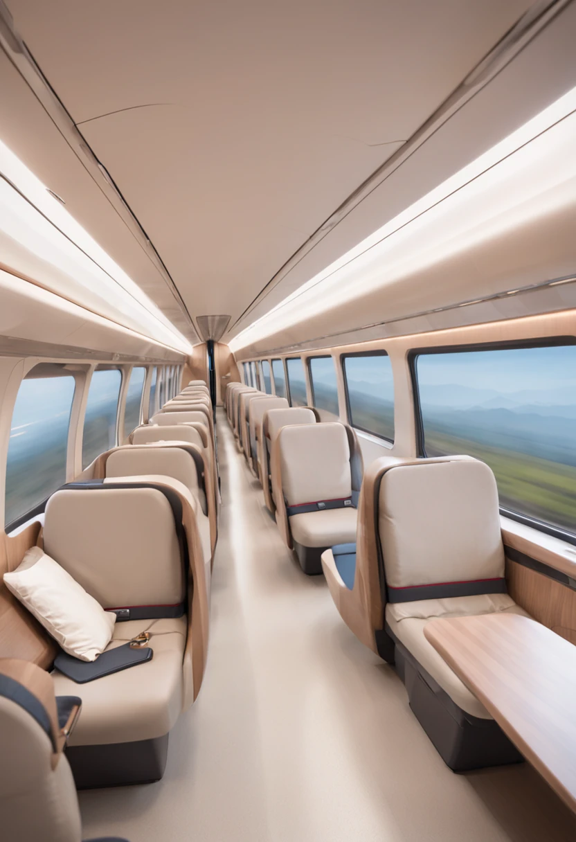 "Produce a detailed and immersive representation of the interior of a modern bullet train, capturing its beauty and technology vividly. The perspective view reveals the spacious and elegant compartment, where ergonomic seats clad in sophisticated fabrics provide comfort to passengers. Soft ambient lighting enhances futuristic design details, while large panoramic windows display a moving landscape. Touchscreen control panels provide real-time information about speed and destinations. High-speed connectivity keeps passengers connected, while ingenious aerodynamics minimize vibrations and noise. This scene transports viewers on a luxurious, high-tech journey into the heart of rail innovation."