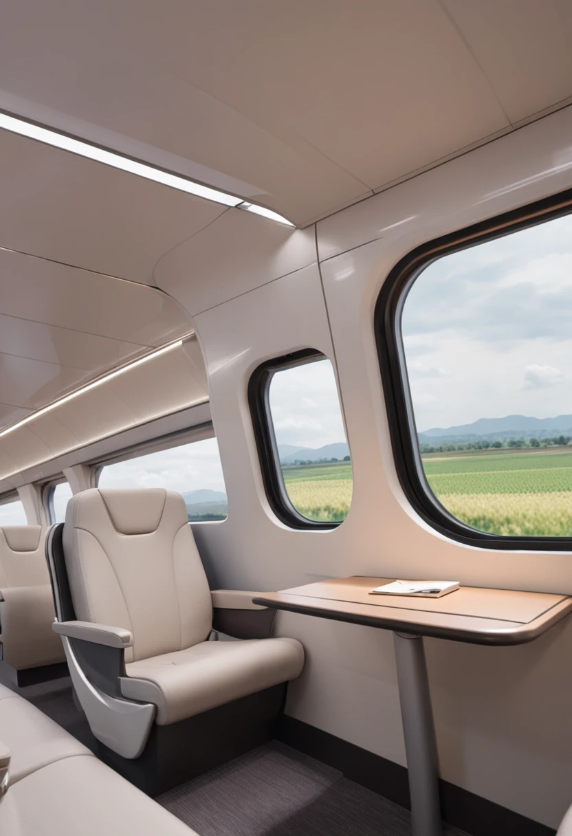"Produce a detailed and immersive representation of the interior of a modern bullet train, capturing its beauty and technology vividly. The perspective view reveals the spacious and elegant compartment, where ergonomic seats clad in sophisticated fabrics provide comfort to passengers. Soft ambient lighting enhances futuristic design details, while large panoramic windows display a moving landscape. Touchscreen control panels provide real-time information about speed and destinations. High-speed connectivity keeps passengers connected, while ingenious aerodynamics minimize vibrations and noise. This scene transports viewers on a luxurious, high-tech journey into the heart of rail innovation."