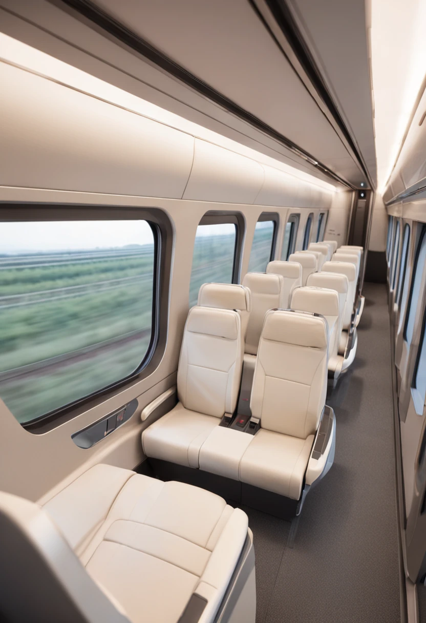 "Produce a detailed and immersive representation of the interior of a modern bullet train, capturing its beauty and technology vividly. The perspective view reveals the spacious and elegant compartment, where ergonomic seats clad in sophisticated fabrics provide comfort to passengers. Soft ambient lighting enhances futuristic design details, while large panoramic windows display a moving landscape. Touchscreen control panels provide real-time information about speed and destinations. High-speed connectivity keeps passengers connected, while ingenious aerodynamics minimize vibrations and noise. This scene transports viewers on a luxurious, high-tech journey into the heart of rail innovation."