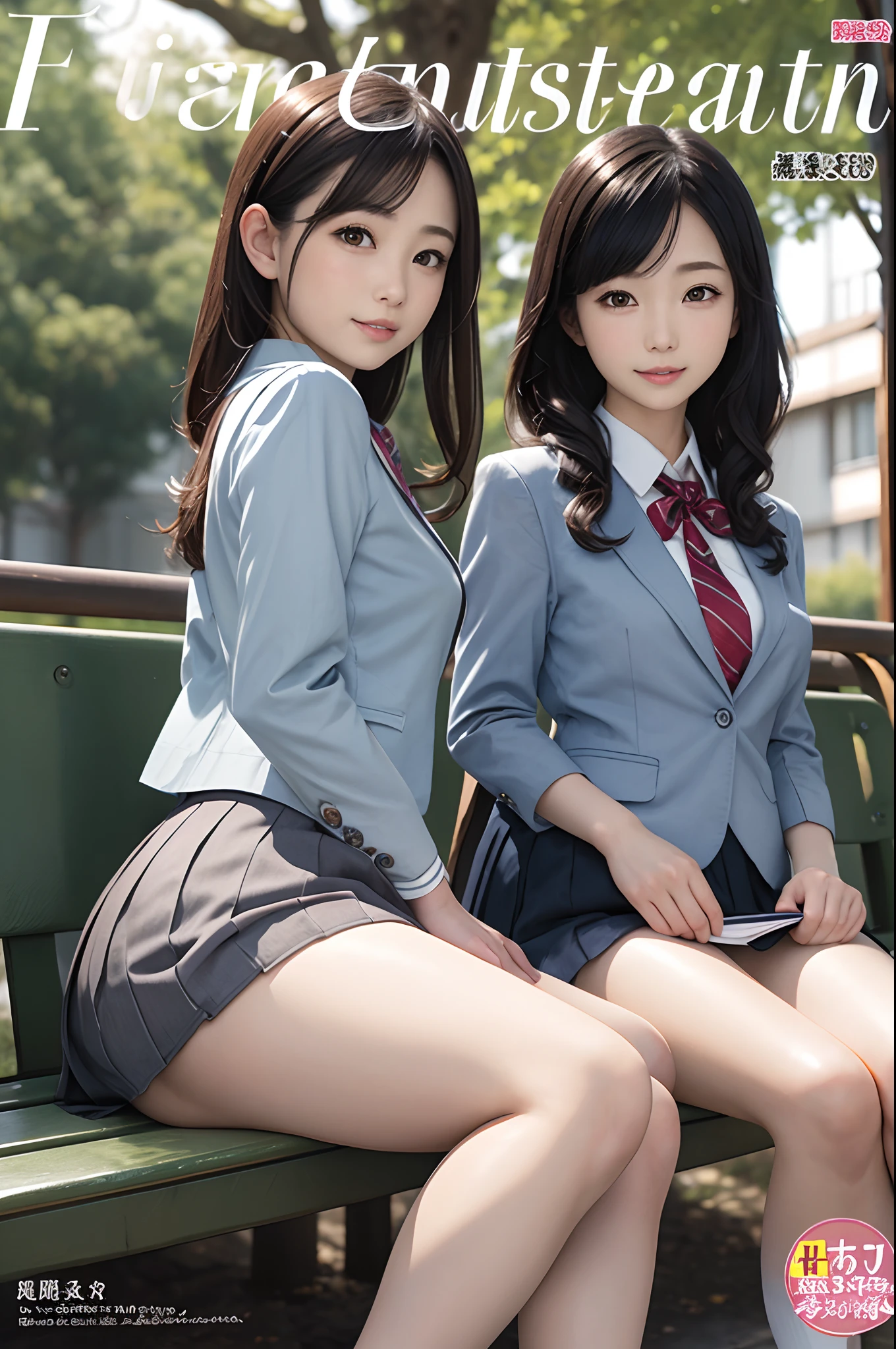 (​masterpiece)、(top-quality: 1.4)、absurderes、[:intricate-detail: 0.2]、２Man Woman、SFW、JAV Cover、Girl posing sitting with legs open、Cute Schoolgirl, wearing japanese school uniform, a park、Sitting on a bench