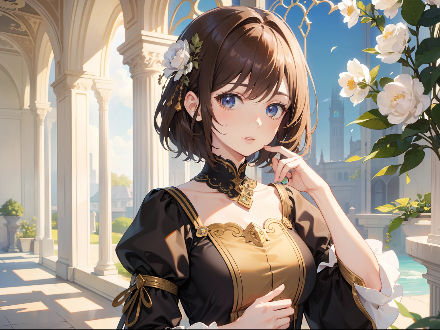 Official Art, Masterpiece European female, short hair, pale brown hair , brown eyes, (masterpiece、top-quality、hight resolution: 1.4),in 8K, Drawing of a woman with short pale brown hair, Anime Art Nouveau, highly detailed exquisite fanart, anime fantasy illustration, clean detailed anime art, detailed anime art, Sharp Focus, Delicate Beautiful Hair and Eyes and Face, realisitic, ultra-detailliert, flower garden, only one person
