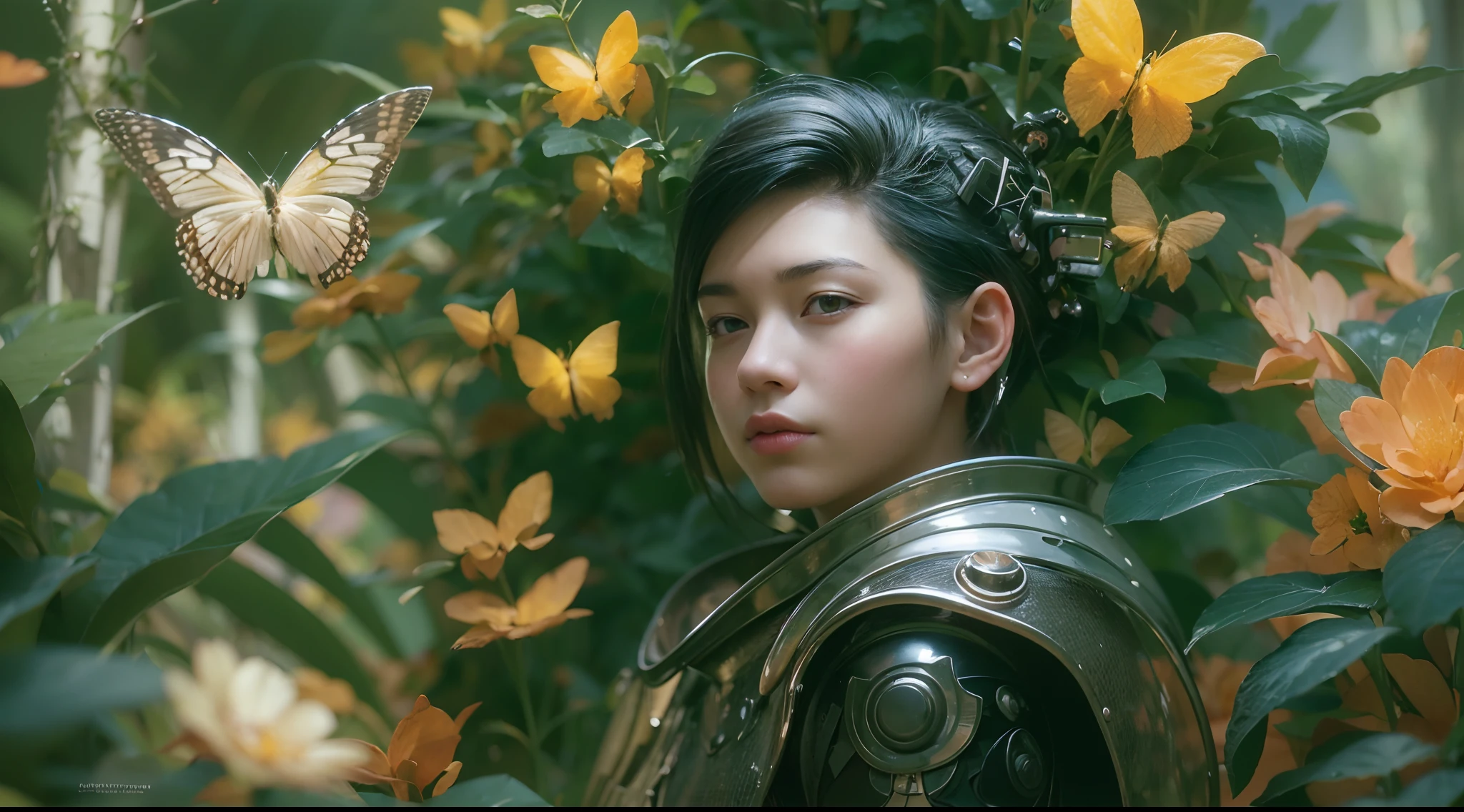 1boy, photo of very very handsome suave smiling young 25-year-old male Chinese prince, clothed in futuristic cybernetic armor, wearing a large futuristic crown, walking in a lush flower garden with many neon glowing butterflies, sci-fi, intricate, neon light, ((perfect face)), ((perfect hands)), ((perfect body)), ((correct anatomy)), ((ultra-realistic)), ((8k, UHD)), highly detailed, digital painting, artstation, concept art, human anatomy, soft light, smooth, illustration, art by tian zi and craig mullins and WLOP and alphonse mucha