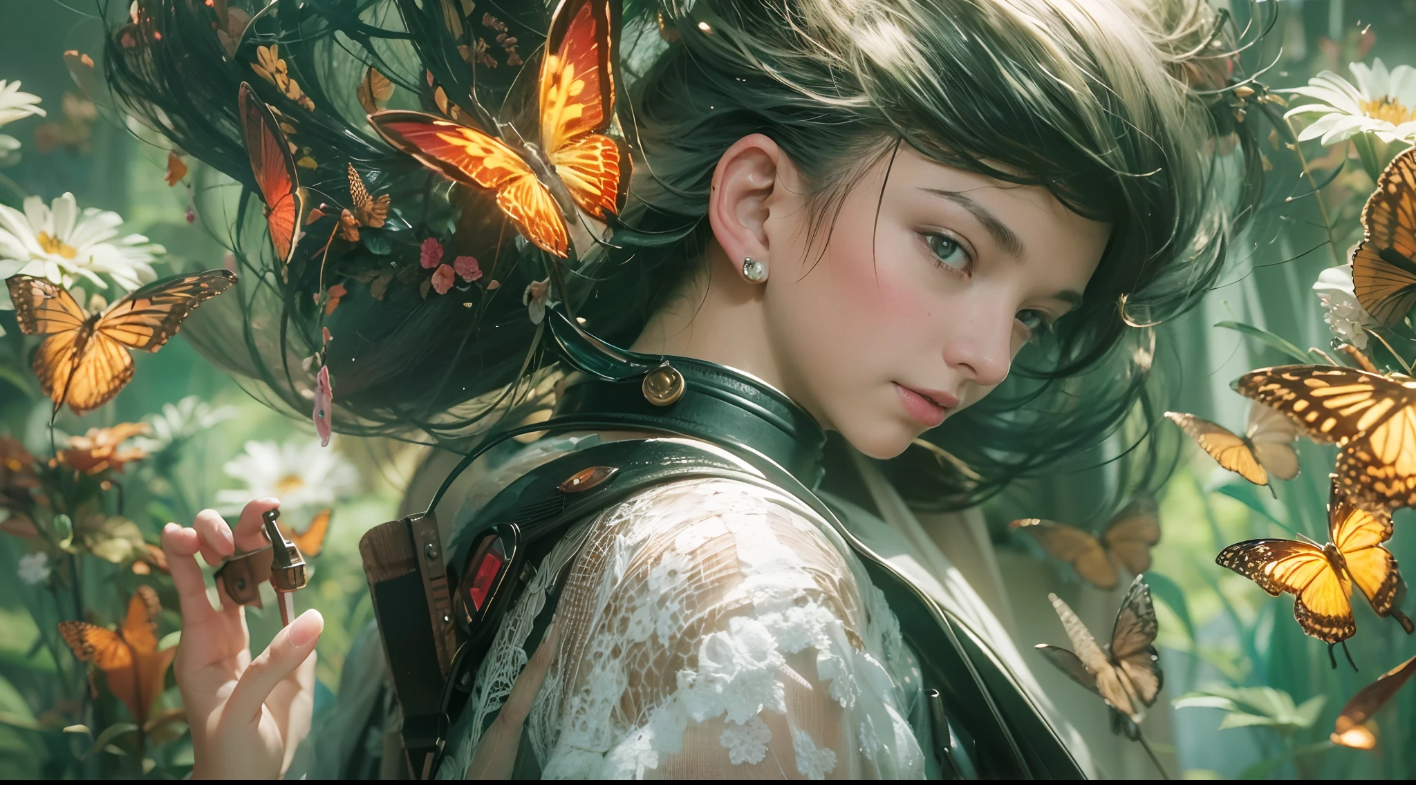 1boy, photo of very very handsome suave smiling young 25-year-old male Chinese prince, clothed in futuristic cybernetic armor, wearing a large futuristic crown, walking in a lush flower garden with many neon glowing butterflies, sci-fi, intricate, neon light, ((perfect face)), ((perfect hands)), ((perfect body)), ((correct anatomy)), ((ultra-realistic)), ((8k, UHD)), highly detailed, digital painting, artstation, concept art, human anatomy, soft light, smooth, illustration, art by tian zi and craig mullins and WLOP and alphonse mucha