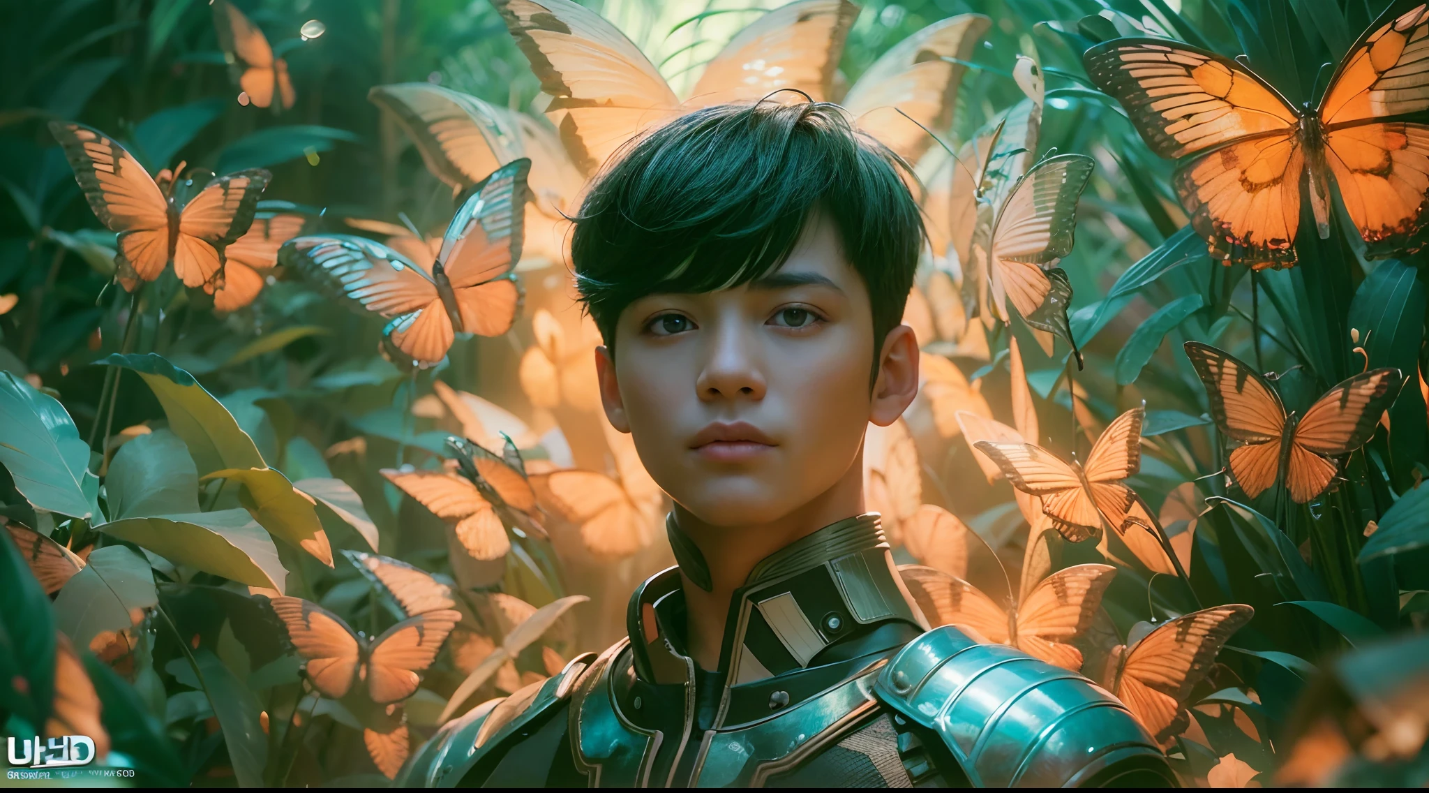 1boy, photo of very very handsome suave smiling young 25-year-old male Chinese prince, clothed in futuristic cybernetic armor, wearing a large futuristic crown, walking in a lush flower garden with many neon glowing butterflies, sci-fi, intricate, neon light, ((perfect face)), ((perfect hands)), ((perfect body)), ((correct anatomy)), ((ultra-realistic)), ((8k, UHD)), highly detailed, digital painting, artstation, concept art, human anatomy, soft light, smooth, illustration, art by tian zi and craig mullins and WLOP and alphonse mucha