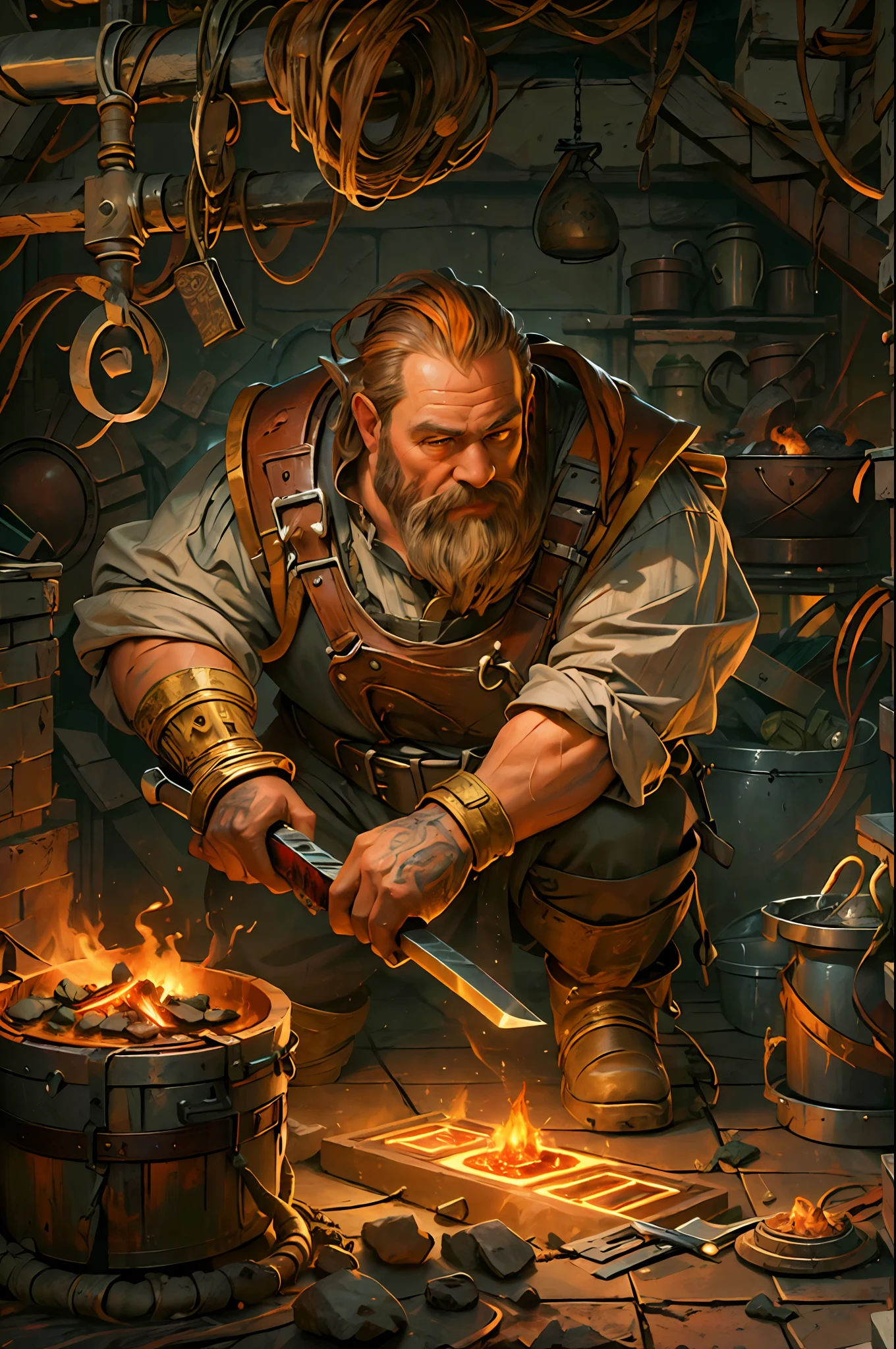 high details, best quality, 16k, RAW, [best detailed], masterpiece, best quality, (extremely detailed), full body, ultra wide shot, photorealistic, fantasy art fantasy_world, RPG art, D&D art, a picture of a dwarf working at his forge (besr details, Masterpiece, best quality), fantasy male dwarf (best details, Masterpiece, best quality), working his forge (best details, Masterpiece, best quality), brown hair, dynamic eyes color, ultra detailed face (best details, Masterpiece, best quality), long beard, brown beard, muscular arms, wearing smith apron, holding a hammer in hand, hammer has yellow magical runes, shining GlowingRunes_yello yellow runes (best details, Masterpiece, best quality), working the forge (best details, Masterpiece, best quality), fiery forge (best details, Masterpiece, best quality), crafting magical metalic sword, dwarven smithy and fiery orange forge background, fiery red and yellow and orange shadow and light of a fiery orange (best details, Masterpiece, best quality), High Detail, Ultra High Quality, High Resolution, 16K Resolution, Ultra HD Pictures, Ultra Realistic, Clear Details, Realistic Detail, Ultra High Definition